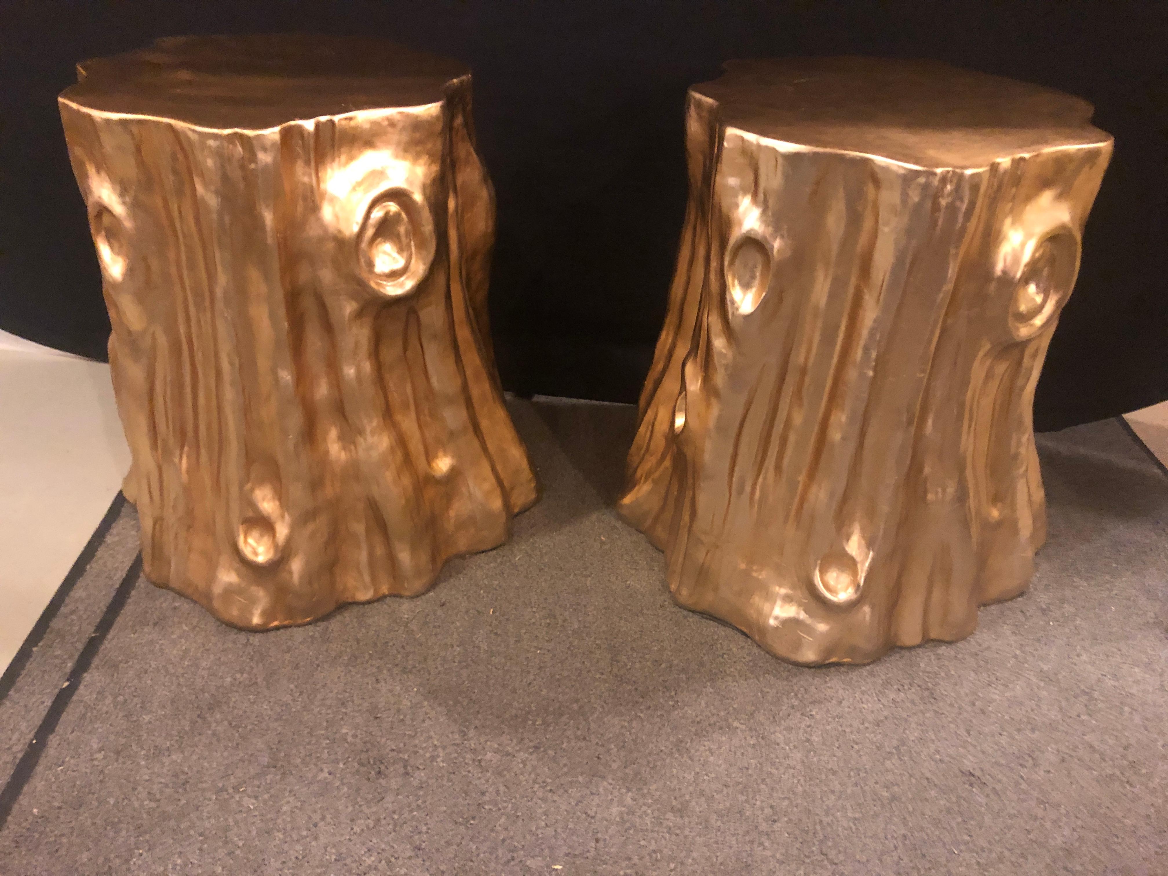 Pair of Gold Nature-Inspired Tree Trunk End Tables or Stools 5