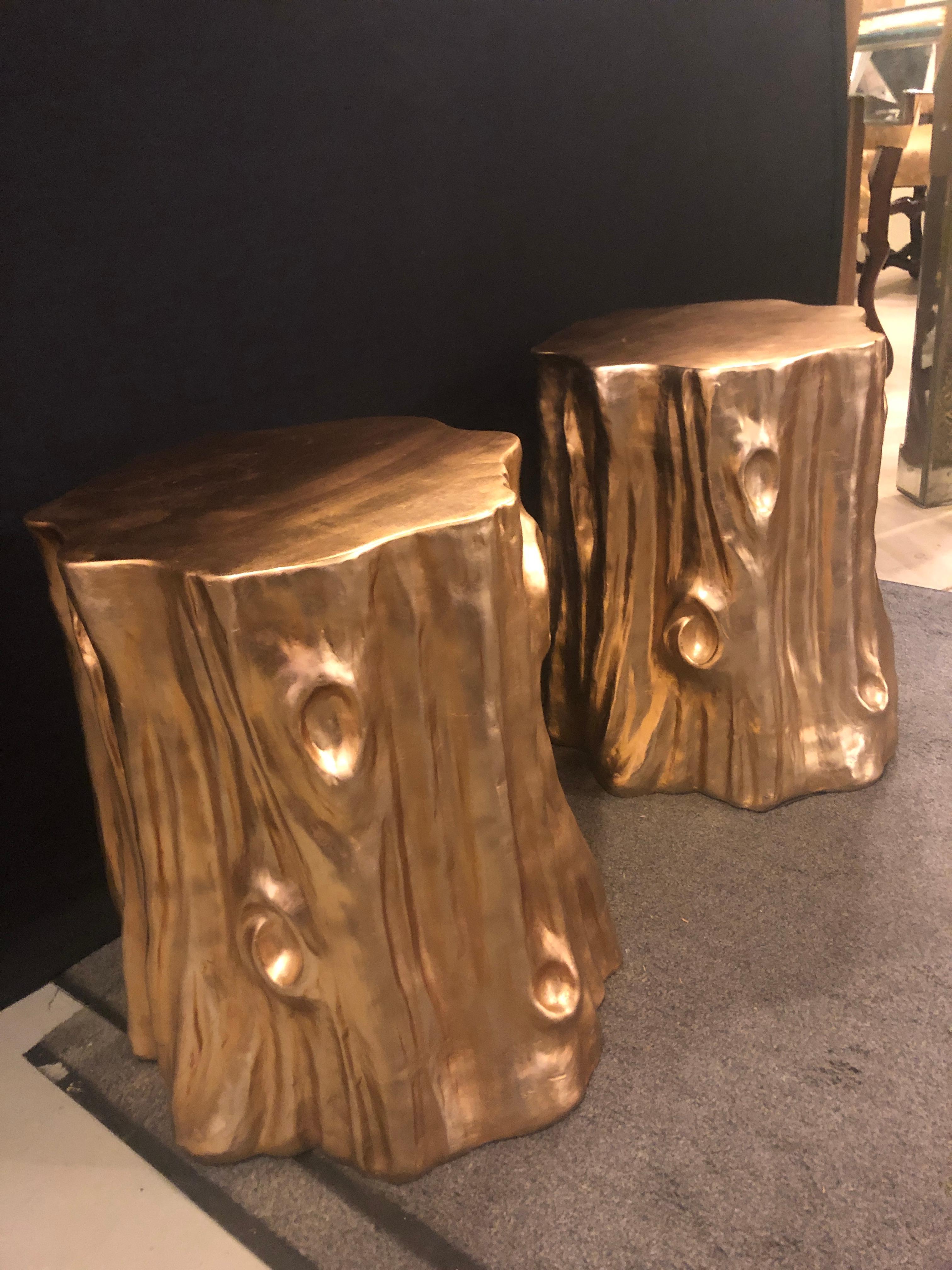 Modern Pair of Gold Nature-Inspired Tree Trunk End Tables or Stools