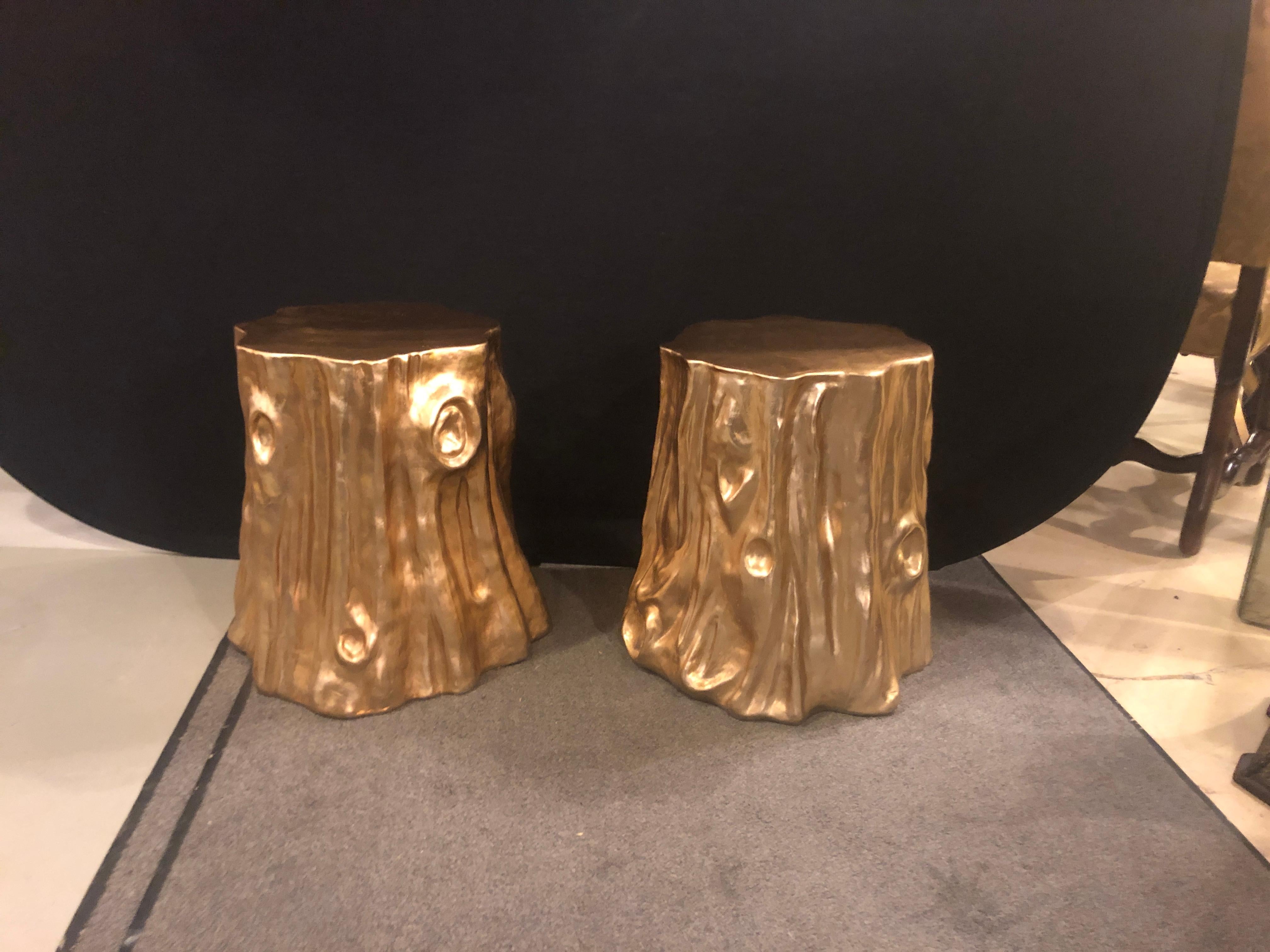 Pair of Gold Nature-Inspired Tree Trunk End Tables or Stools 1