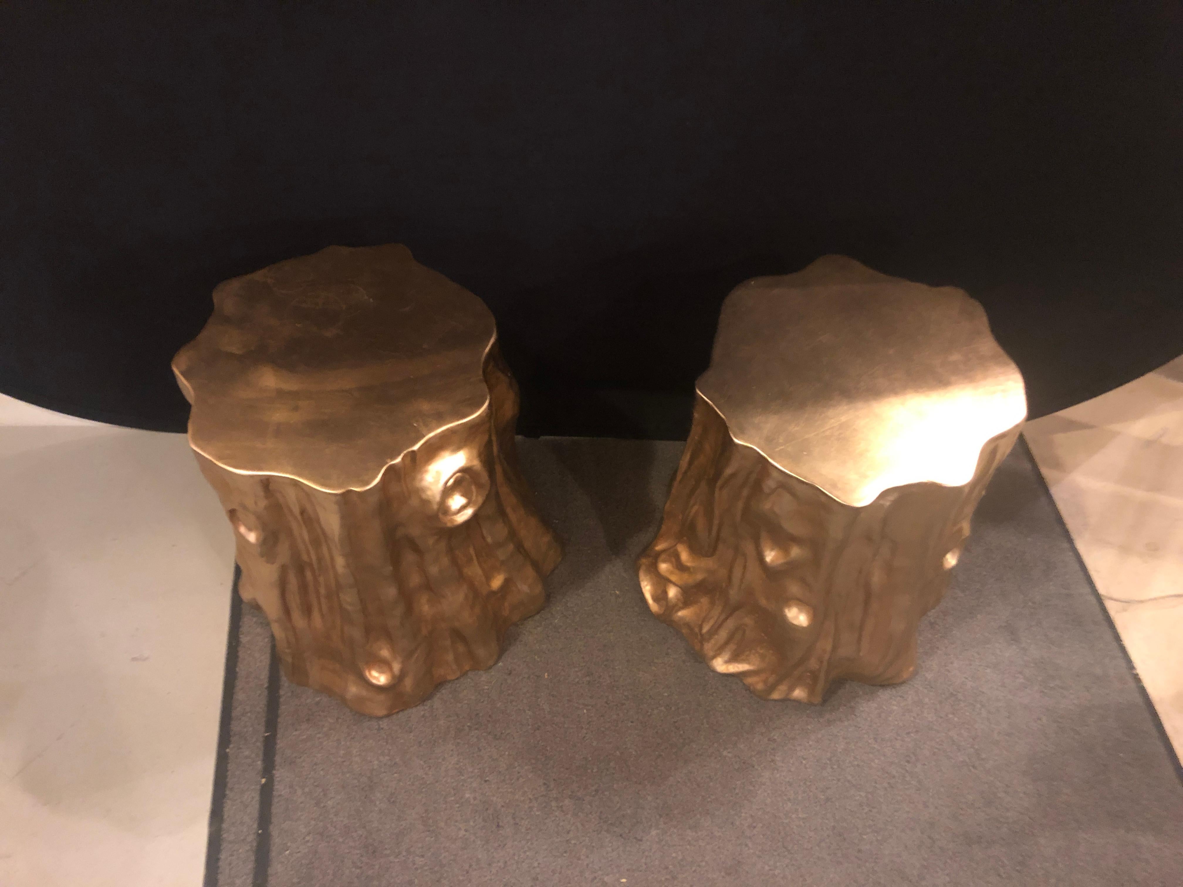 Pair of Gold Nature-Inspired Tree Trunk End Tables or Stools 2
