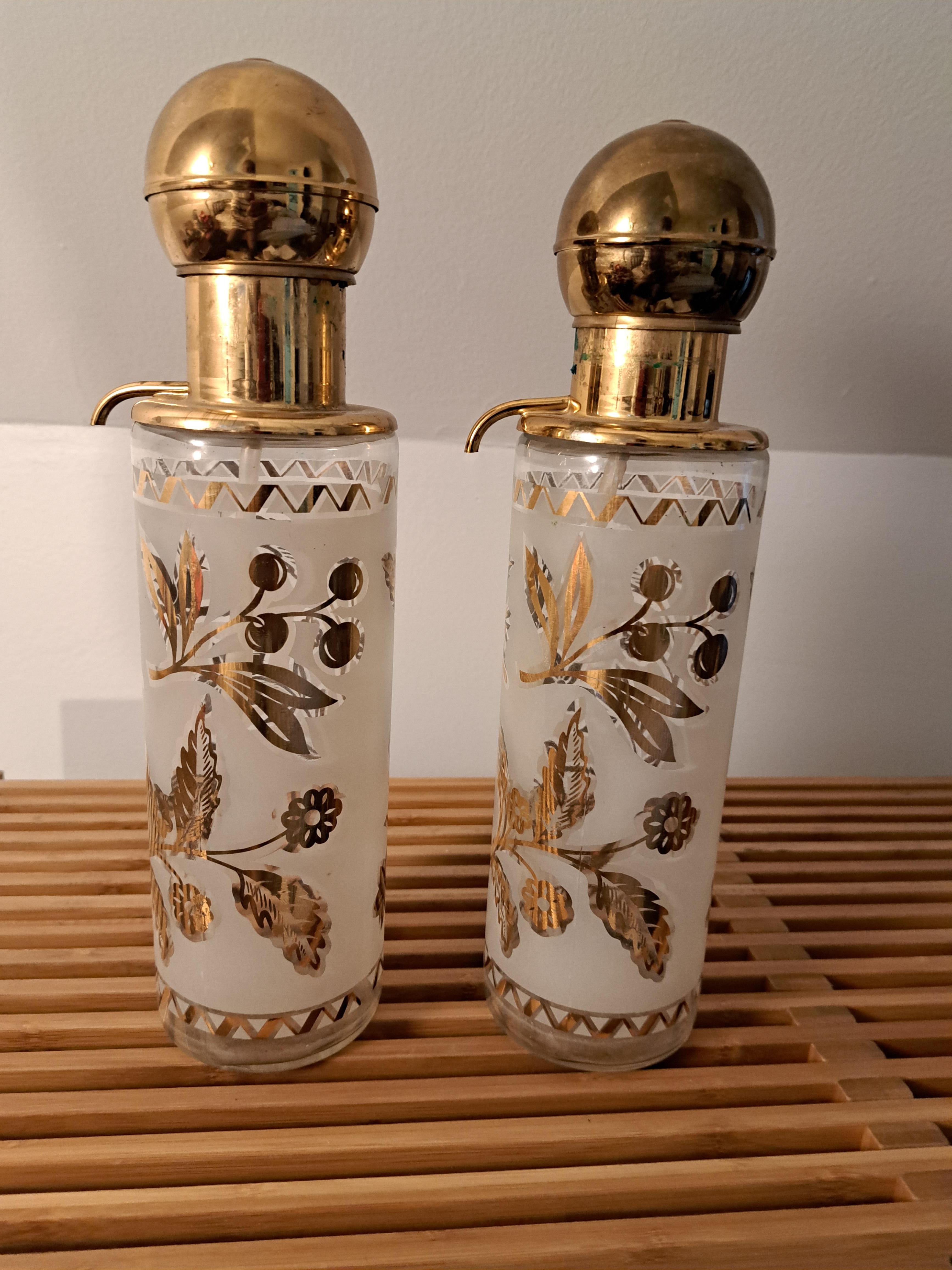 American Pair of Gold Painted MCM Pump Glass Decanters  For Sale