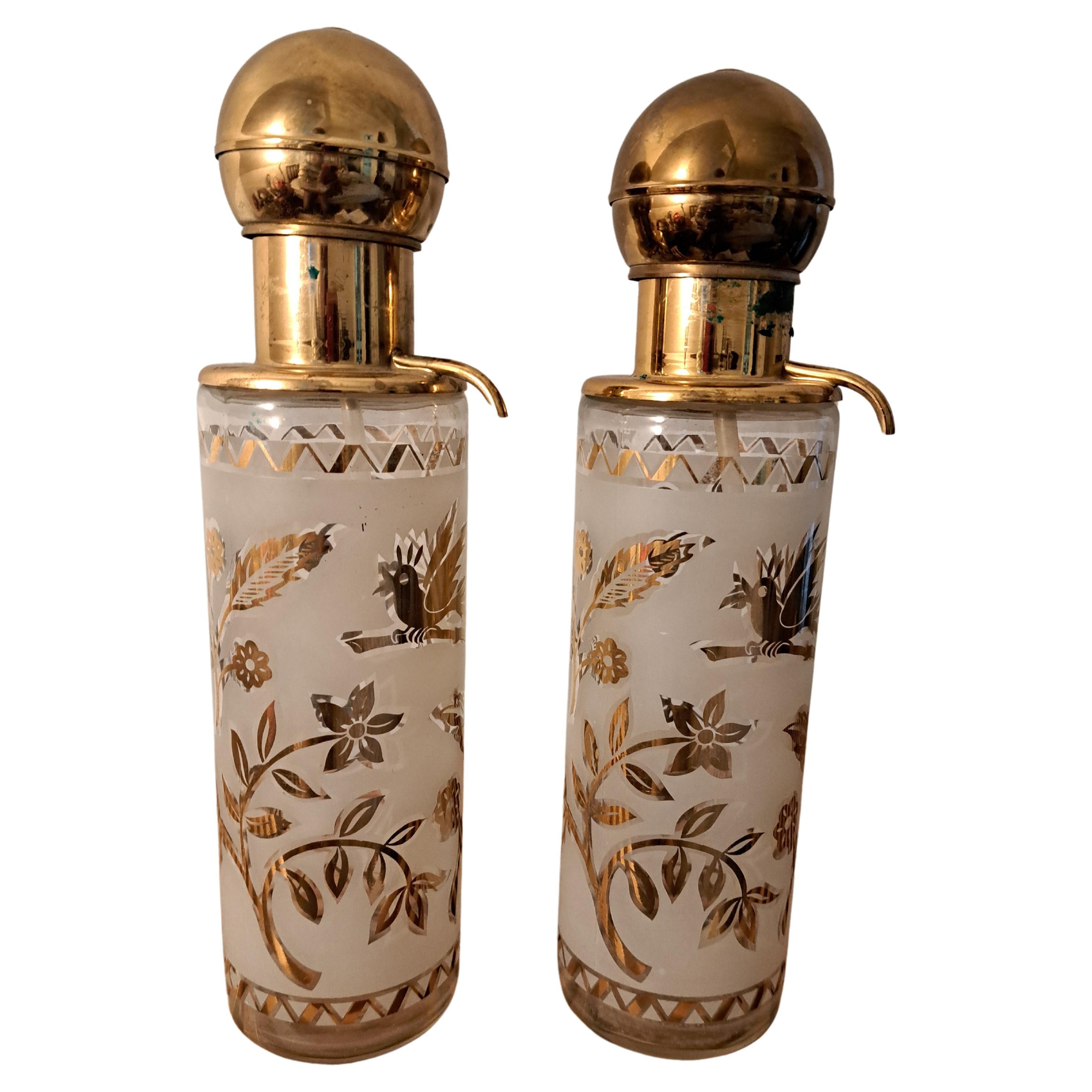 Pair of Gold Painted MCM Pump Glass Decanters  For Sale