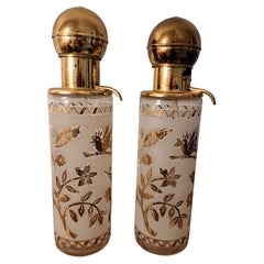 Retro Pair of Gold Painted MCM Pump Glass Decanters 