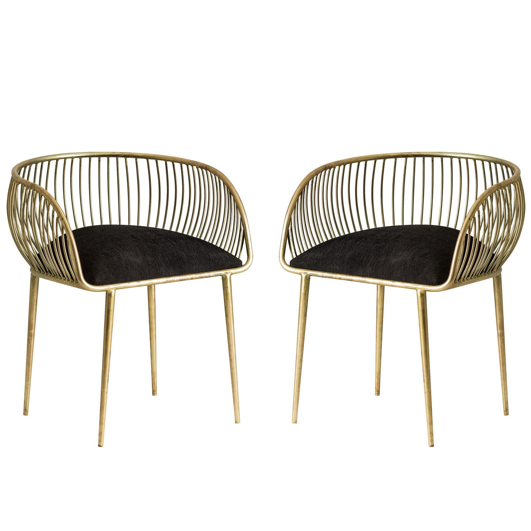 Pair Of Gold Patina Metal Structure and Black Fabric Armchairs
