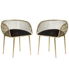 Pair Of Gold Patina Metal Structure and Black Fabric Armchairs