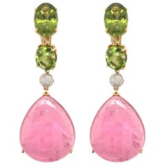 Pair of Gold, Pink Tourmaline, Peridot and Diamond Earrings
