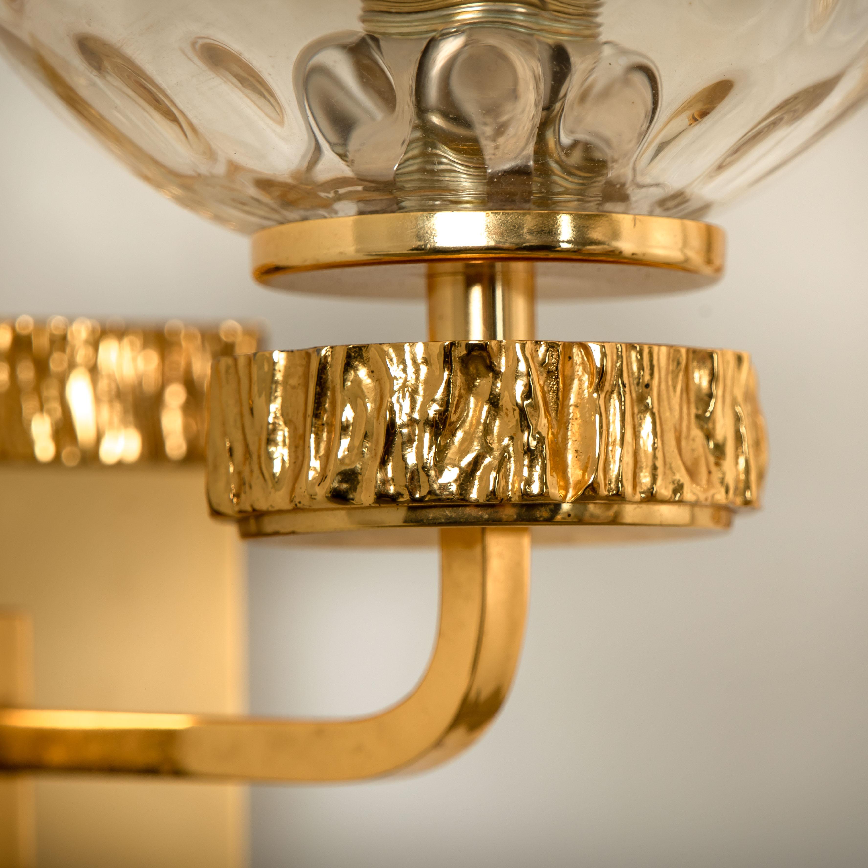 Mid-Century Modern Pair of Gold-Plated Blown Glass Wall Lights in the Style of Brotto, Italy