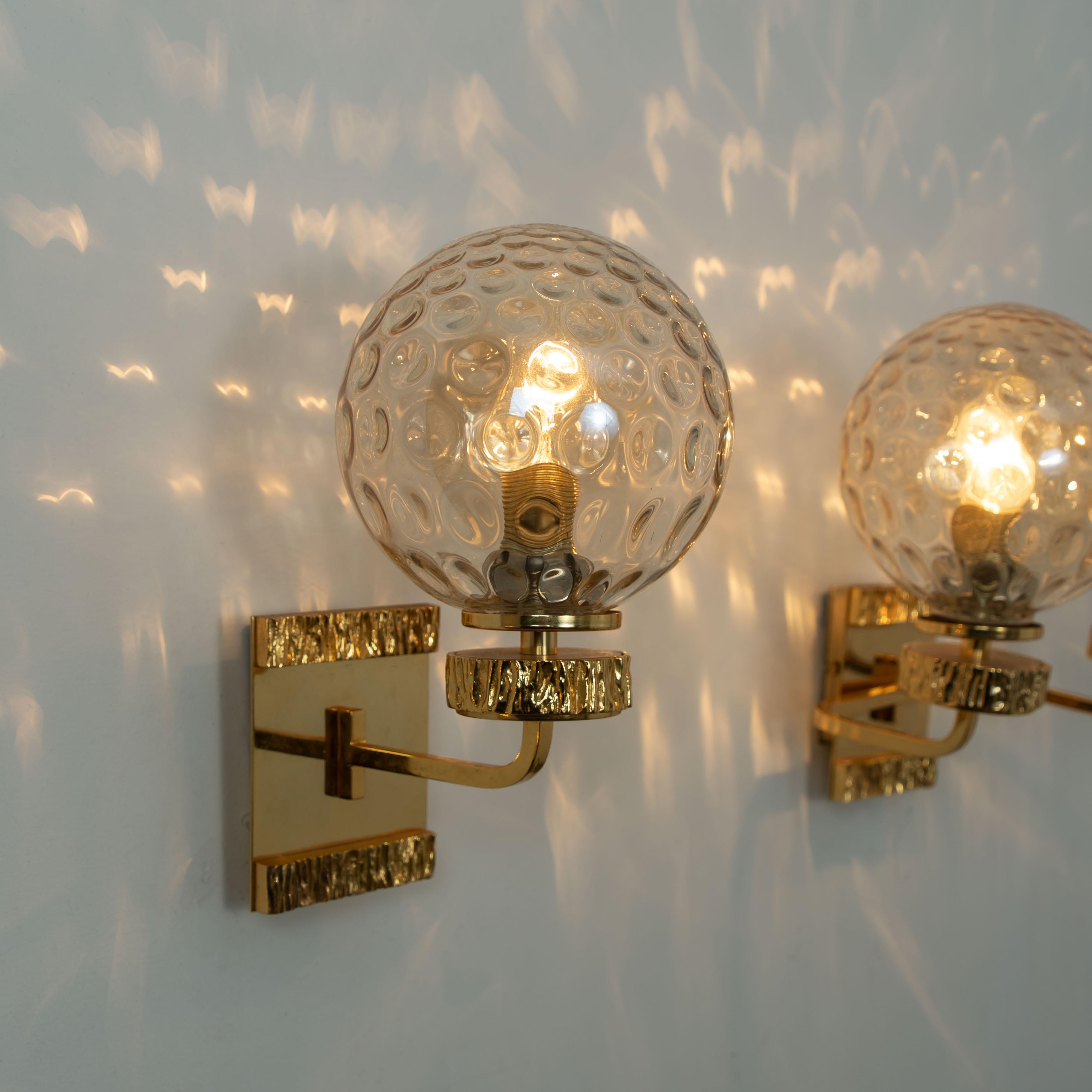 Gold Plate Pair of Gold-Plated Blown Glass Wall Lights in the Style of Brotto, Italy