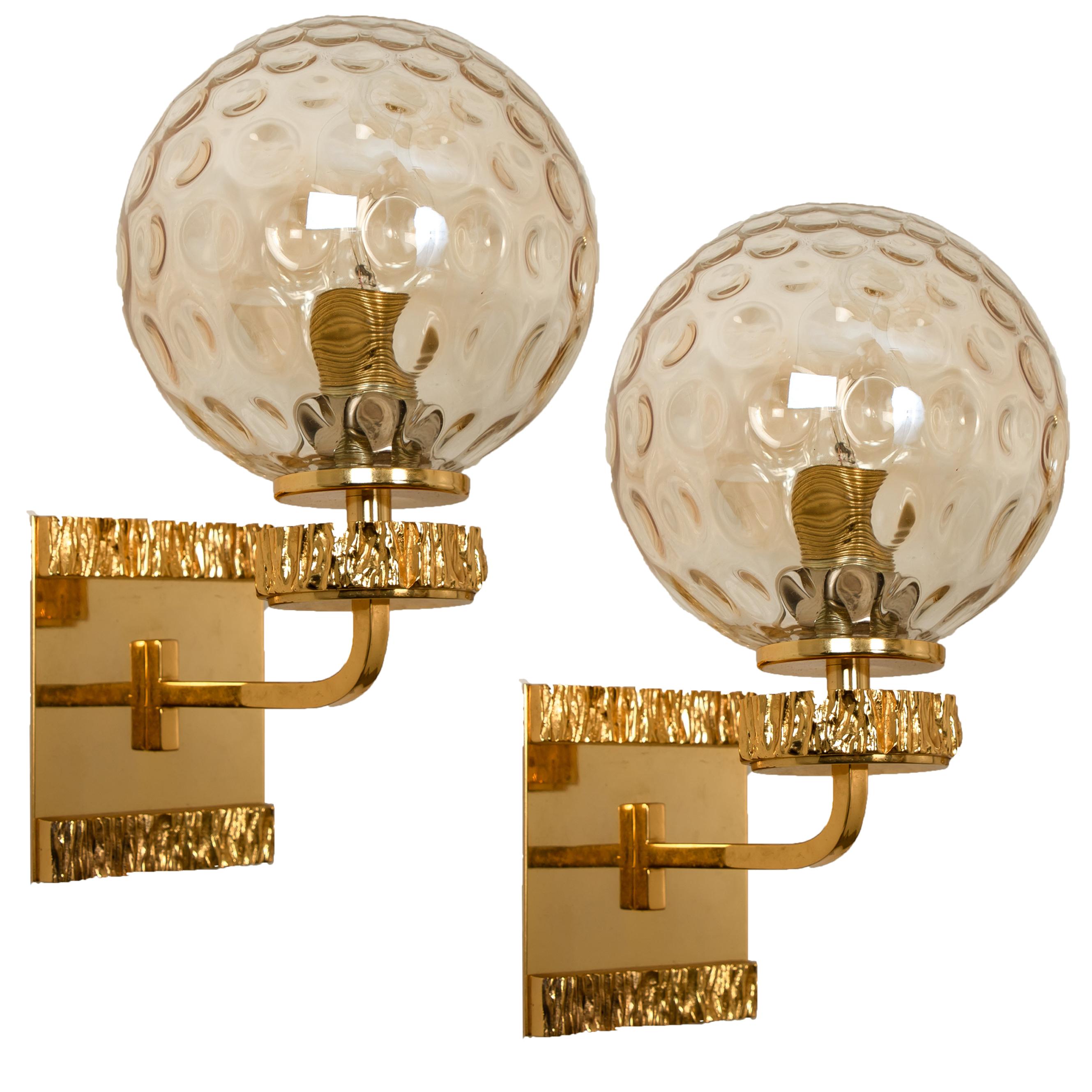 Pair of Gold-Plated Blown Glass Wall Lights in the Style of Brotto, Italy