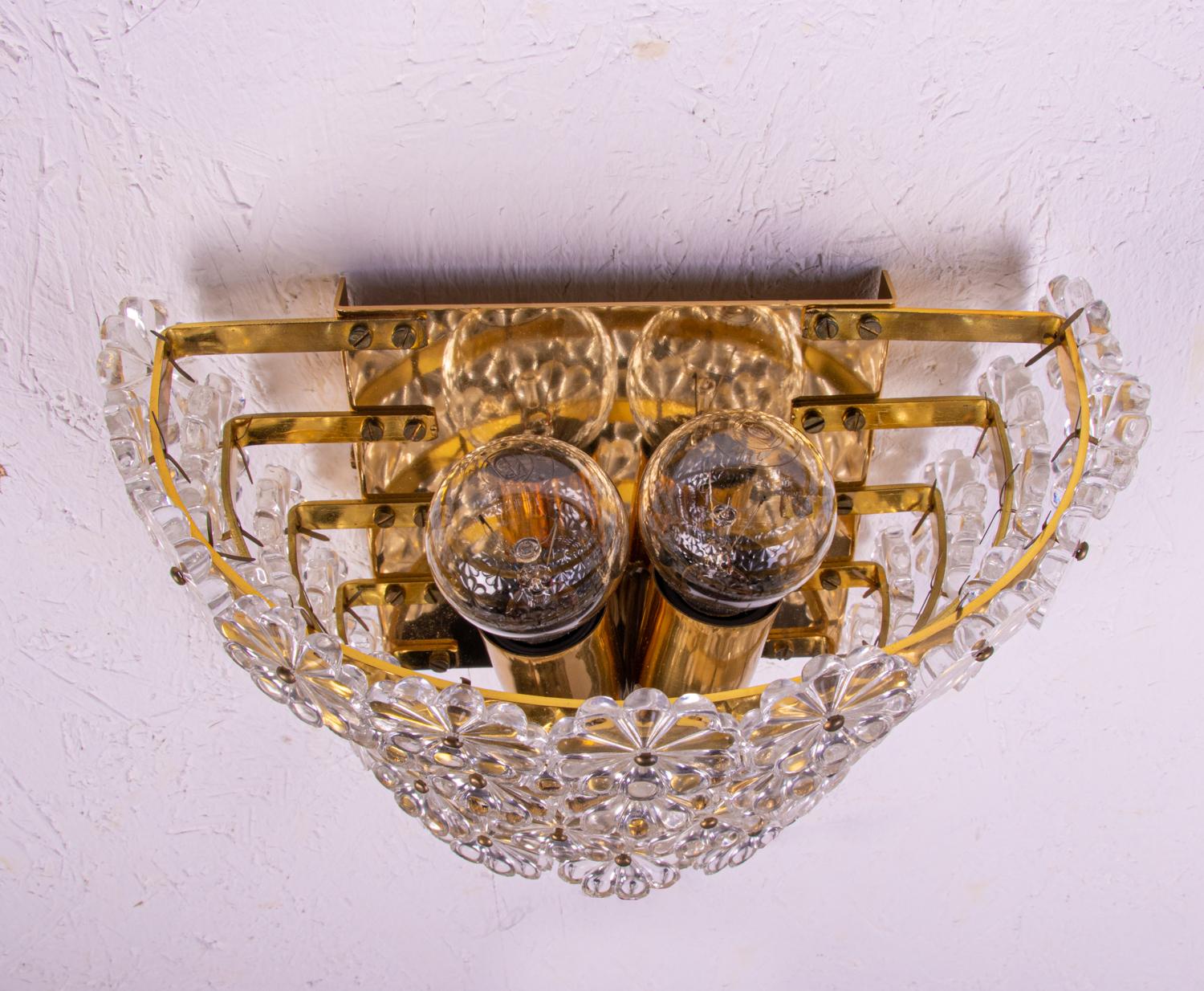Pair of Gold-Plated Brass and Crystal Glass Wall Lamps Sconces by Emil Stejnar For Sale 1