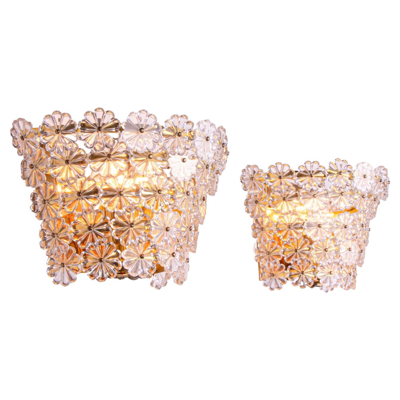 Pair of Gold-Plated Brass and Crystal Glass Wall Lamps Sconces by Emil Stejnar For Sale