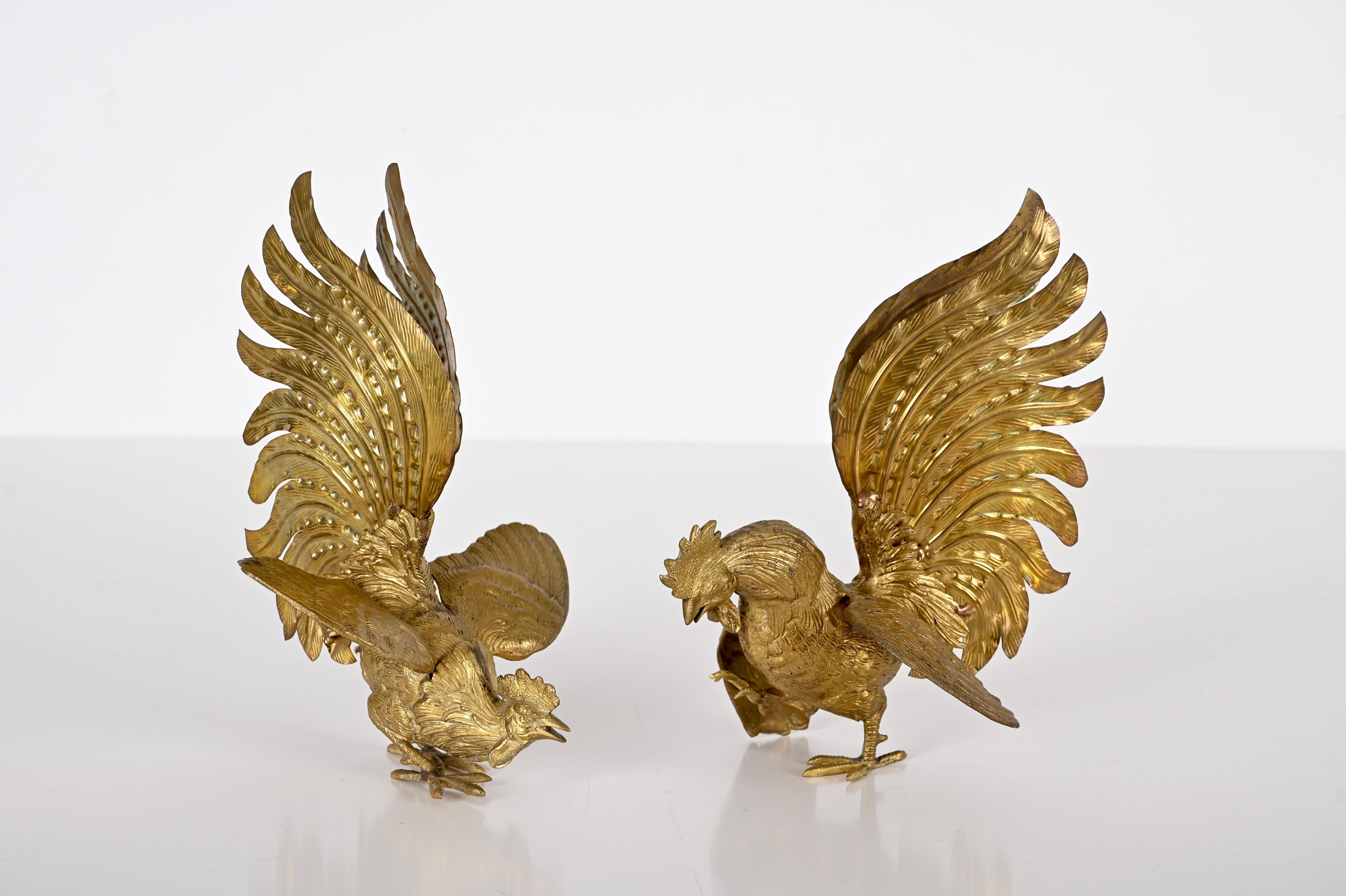 Mid-20th Century Pair of Gold Plated Fighting Cockerel Ornaments, Italy, 1960s For Sale