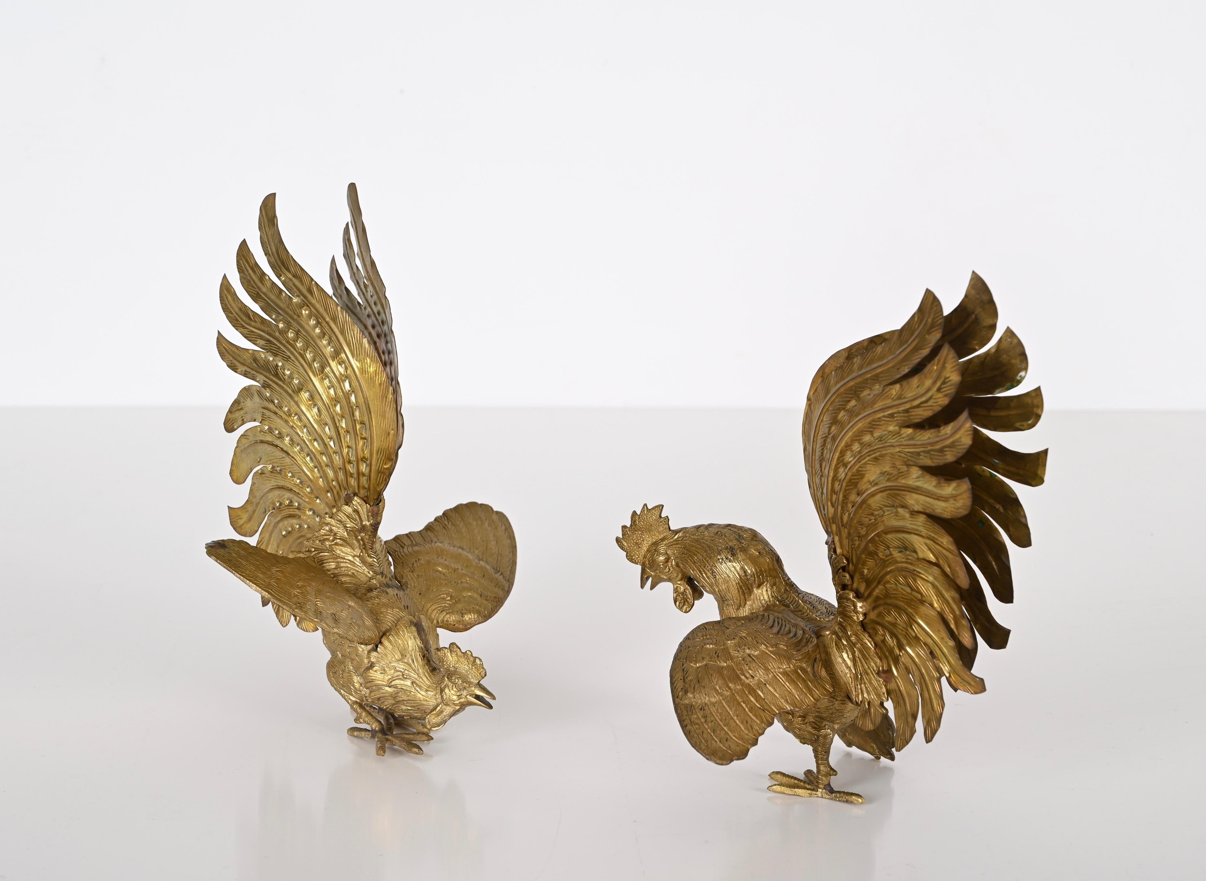 Metal Pair of Gold Plated Fighting Cockerel Ornaments, Italy, 1960s For Sale