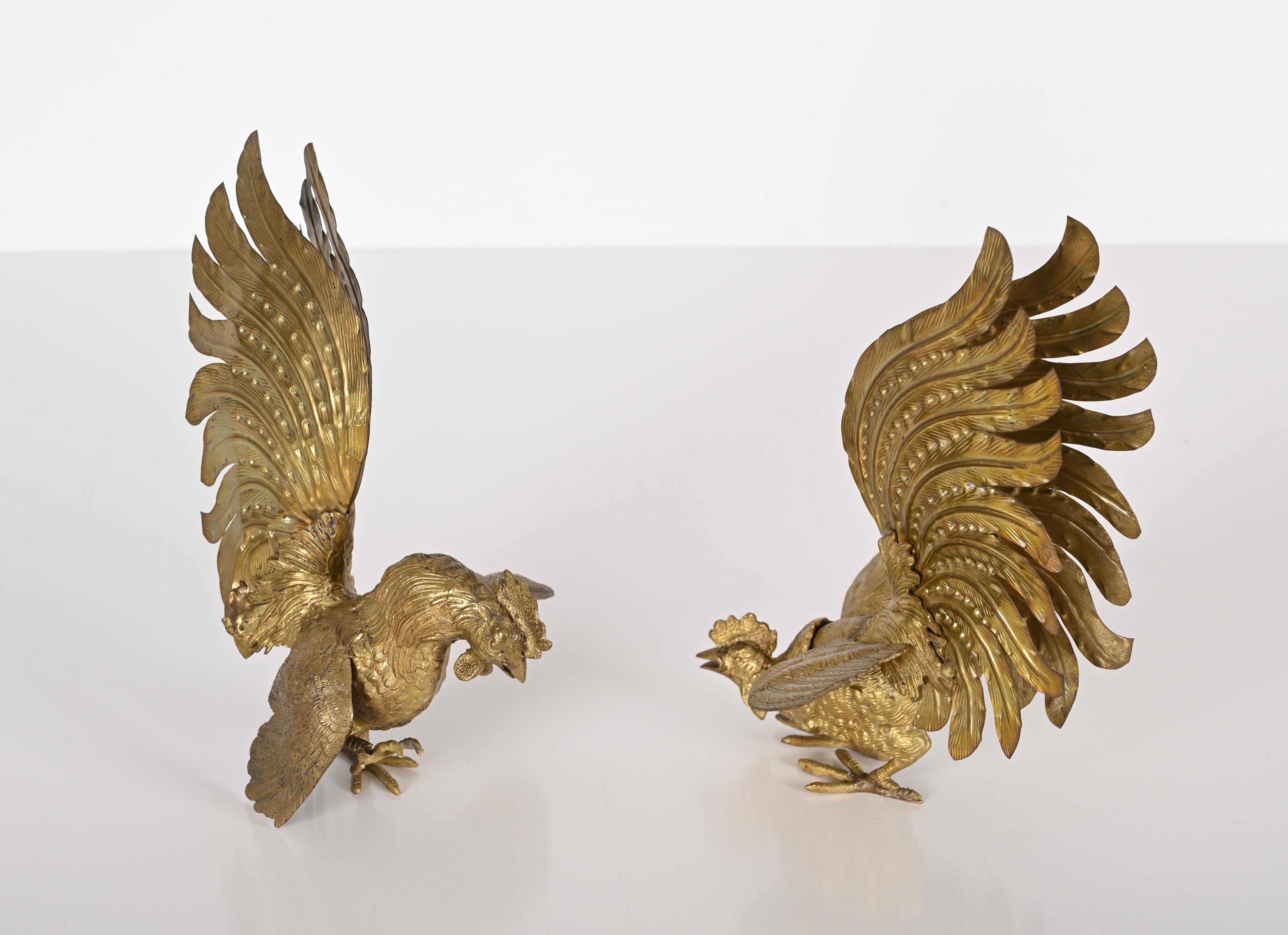 Pair of Gold Plated Fighting Cockerel Ornaments, Italy, 1960s For Sale 1