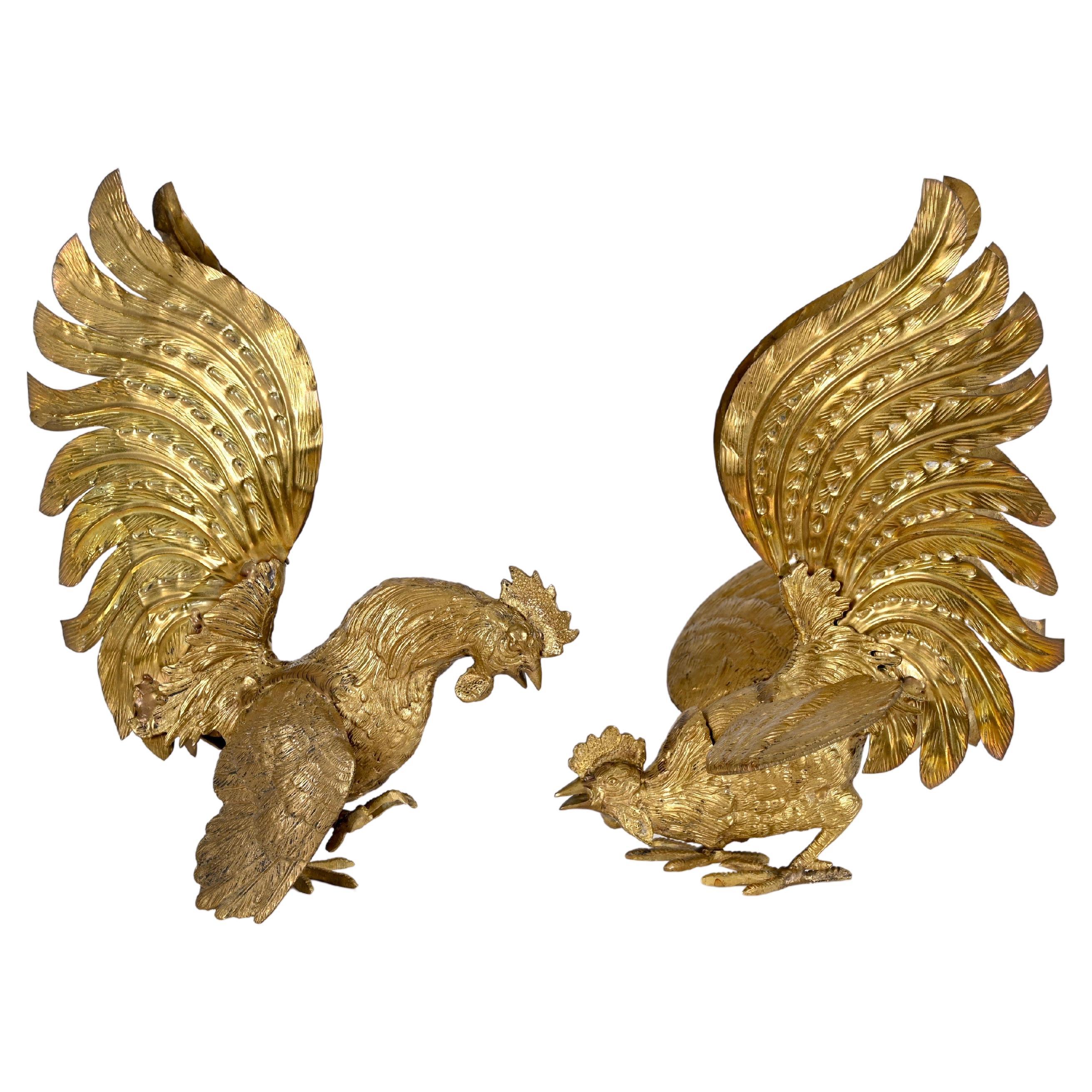 Pair of Gold Plated Fighting Cockerel Ornaments, Italy, 1960s