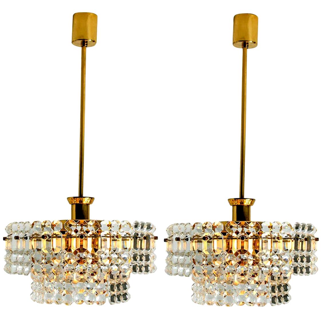 Pair of Gold-Plated Kinkeldey Crystal Glass Chandeliers, 1960s