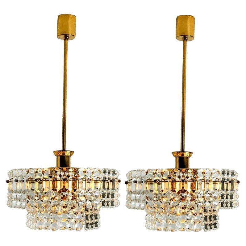 Pair of Gold-Plated Kinkeldey Crystal Glass Chandeliers, 1960s