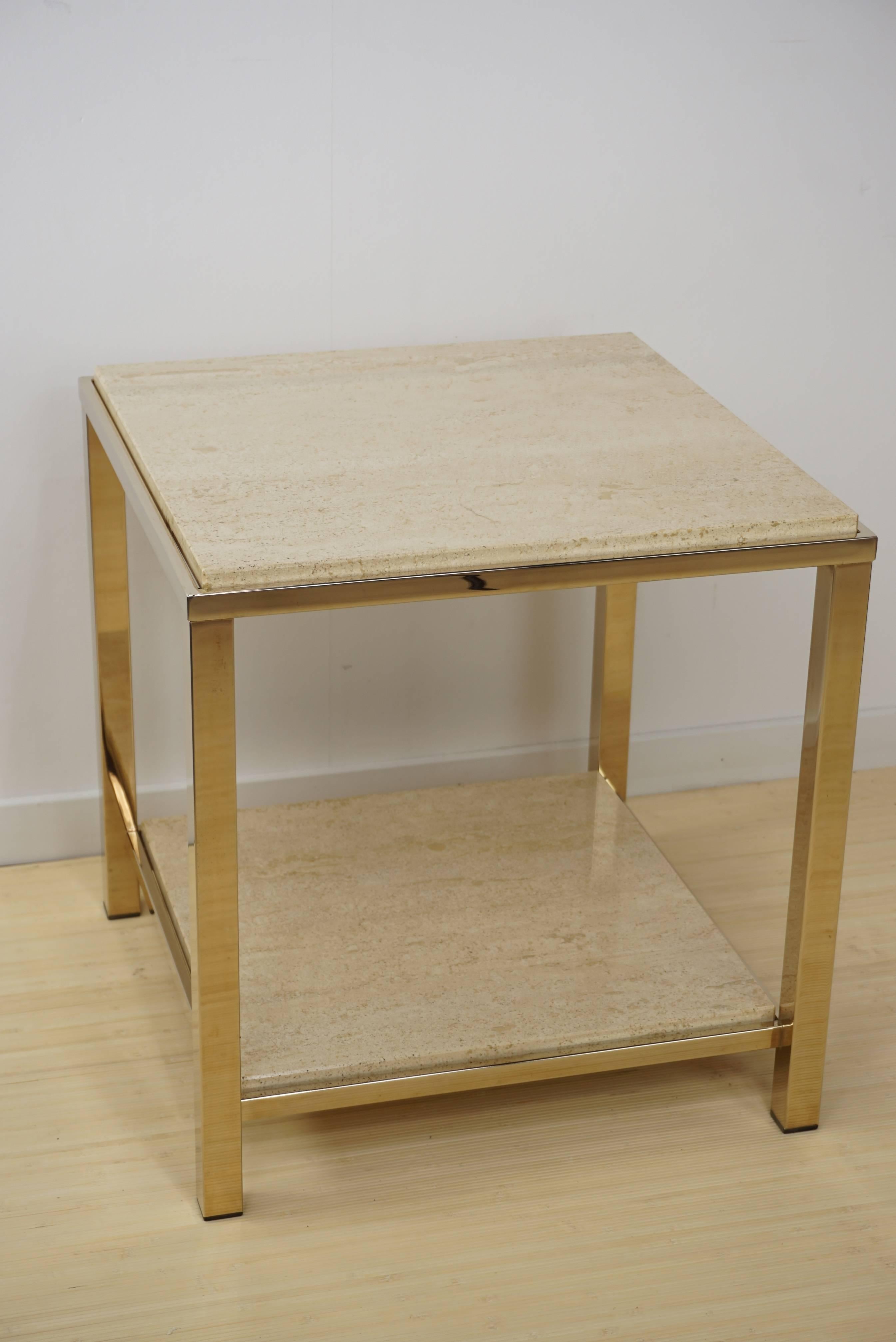 French Pair of Gold-Plated Side Table with Travertine Shelf, 23-Carat by Belgo Chrome For Sale