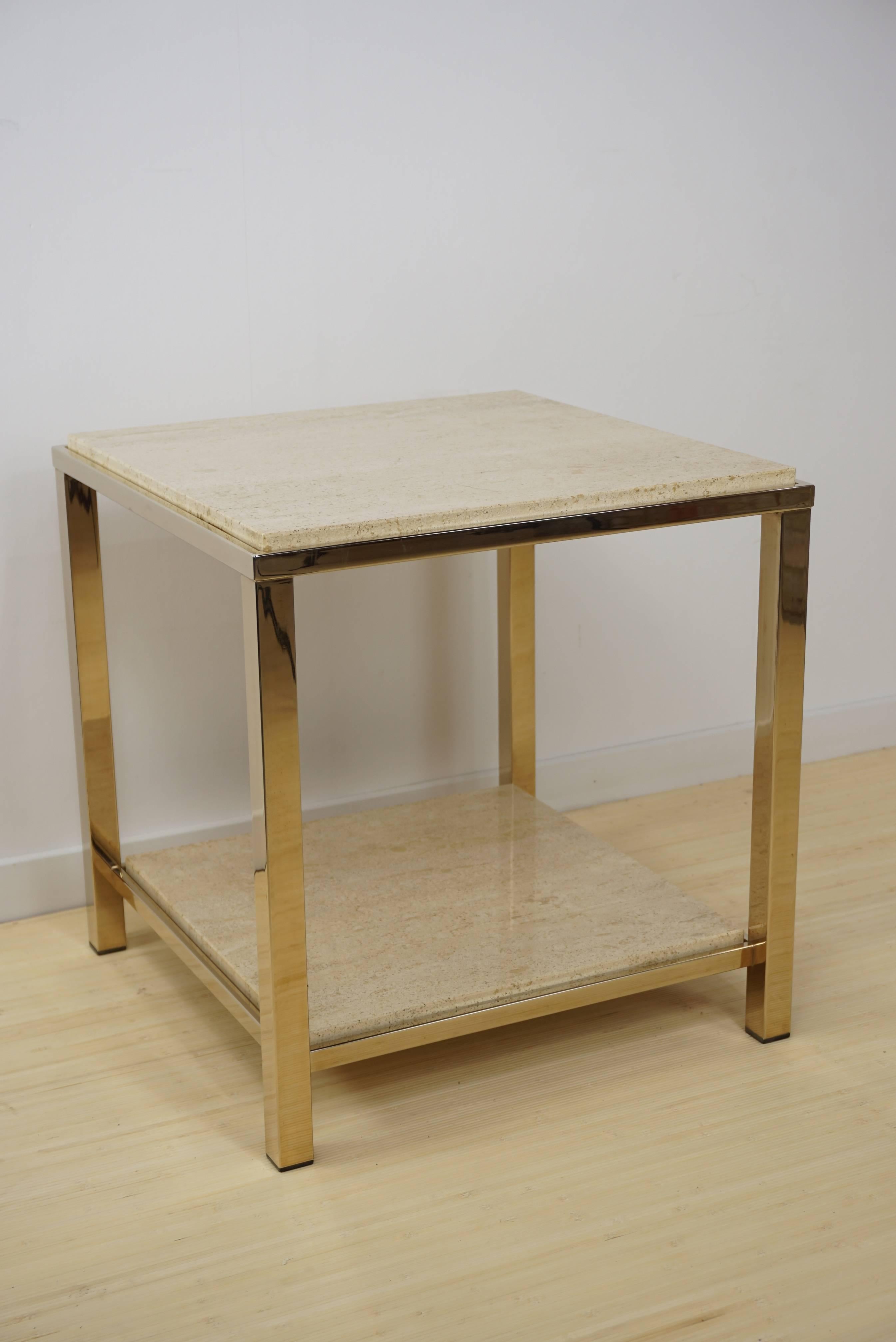 Pair of Gold-Plated Side Table with Travertine Shelf, 23-Carat by Belgo Chrome In Excellent Condition For Sale In Tourcoing, FR