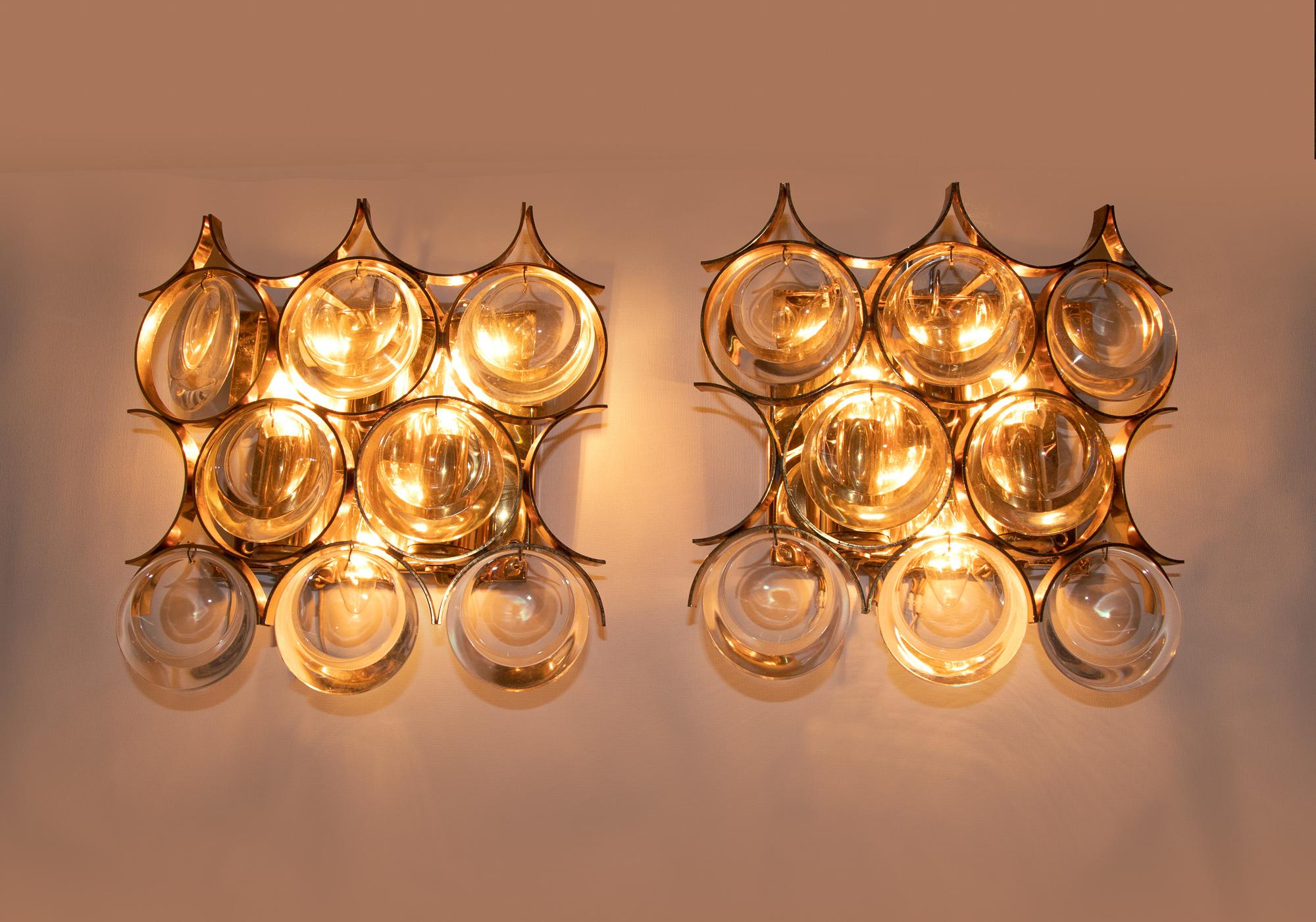 Hollywood Regency Pair of Palwa Wall Sconces Gold-Plated  Brass & Crystal Glass, 1960s For Sale