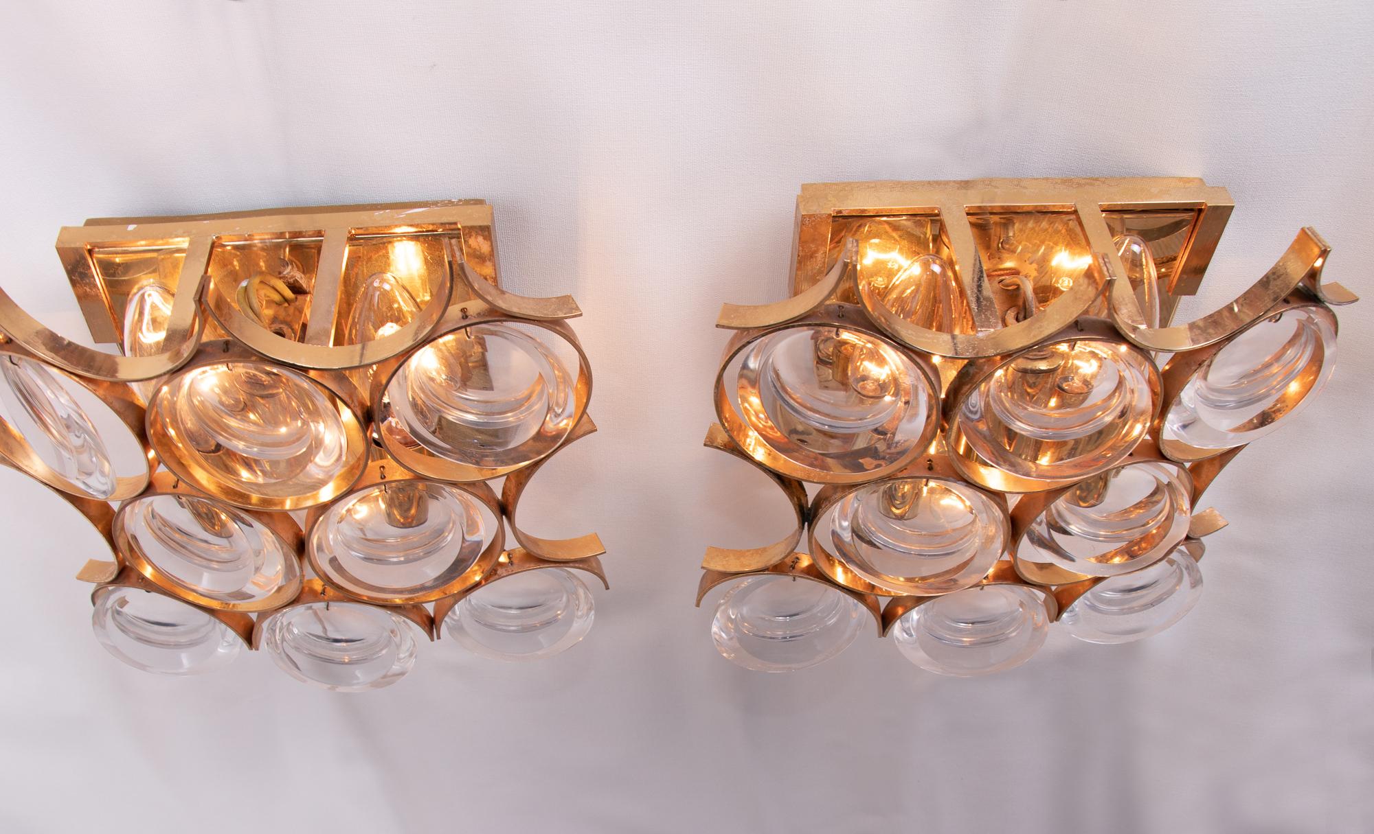 German Pair of Palwa Wall Sconces Gold-Plated  Brass & Crystal Glass, 1960s For Sale