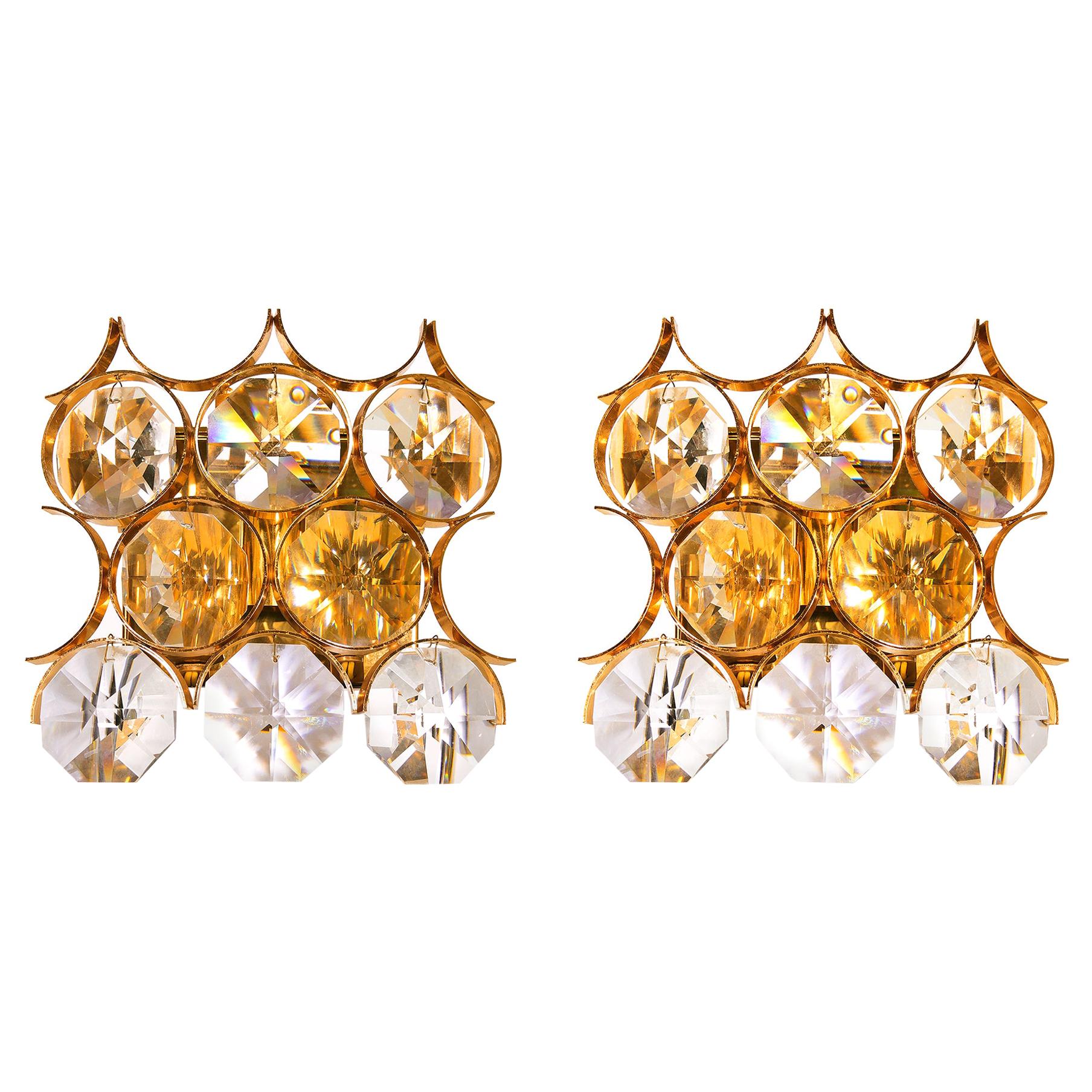1960 German Palwa Pair of Wall Sconces Crystal Glass & Gilt Brass