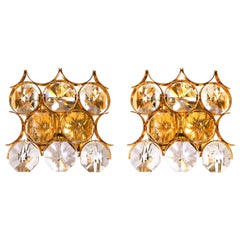 Vintage 1960 Germany Palwa Pair of Wall Sconces Crystal Glass & Gilt Brass