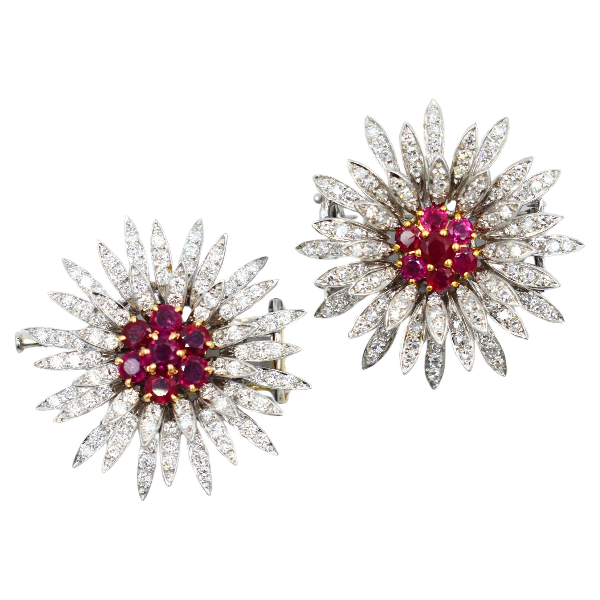 Pair of gold platinum diamond Burmese ruby flower brooches For Sale