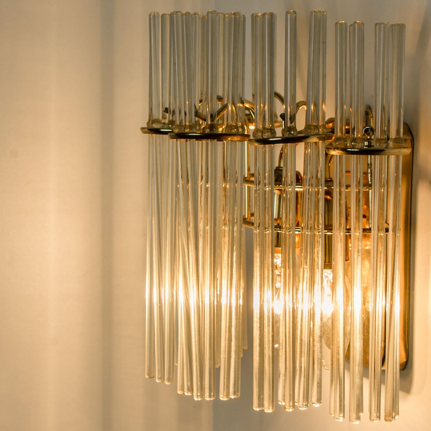 Italian Pair of Gold Rod Glass and Brass Wall Sconces in Style of Sciolari For Sale