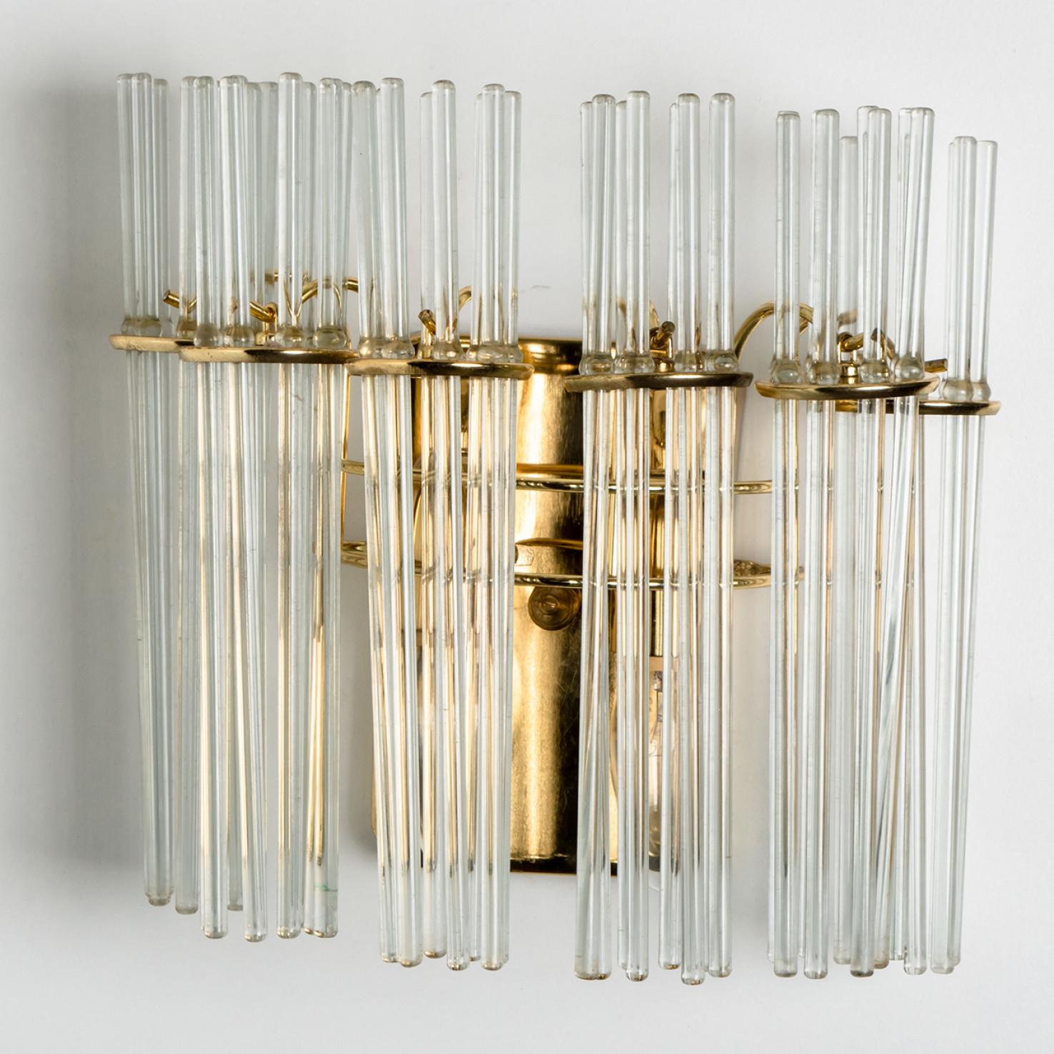Mid-20th Century Pair of Gold Rod Glass and Brass Wall Sconces in Style of Sciolari For Sale