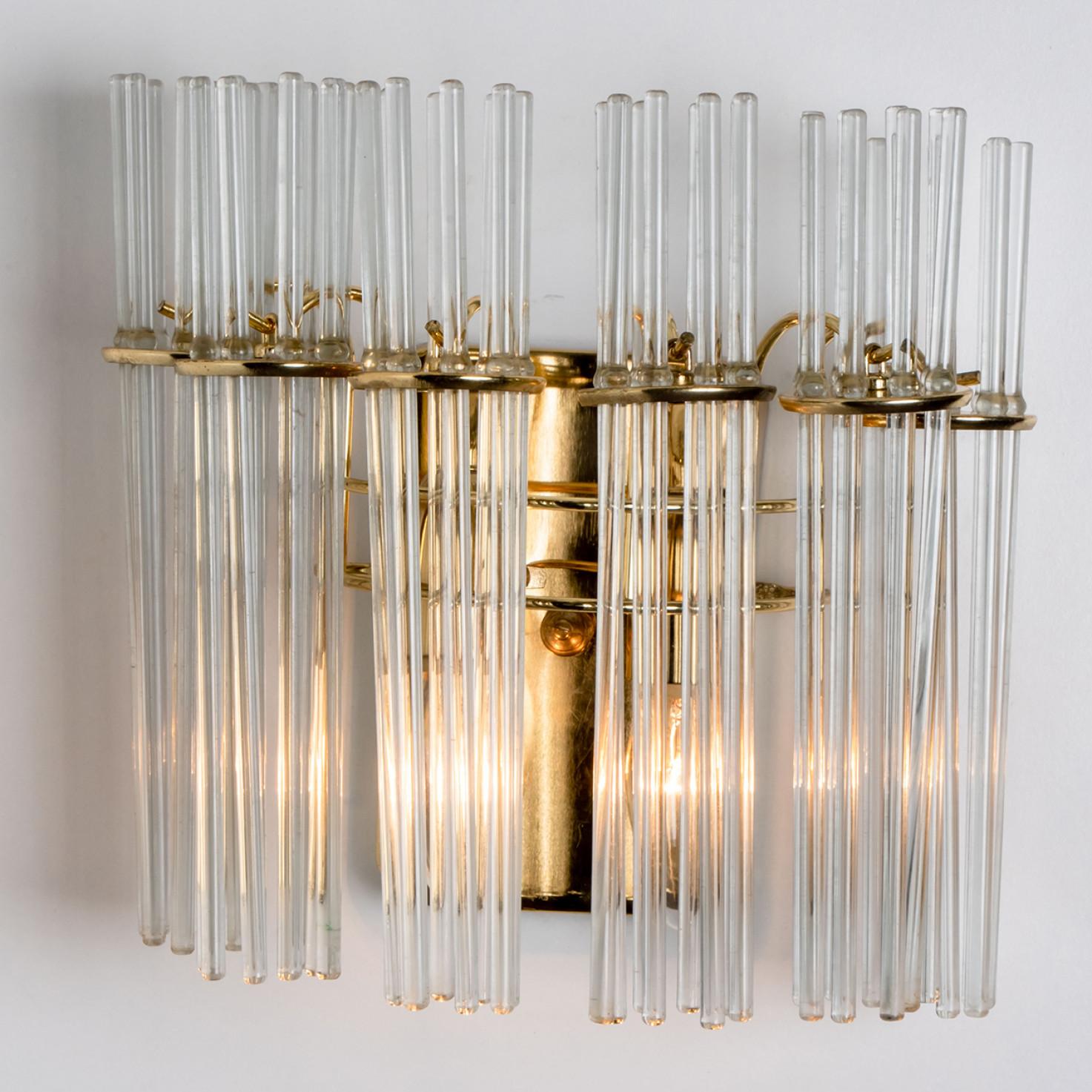 Pair of Gold Rod Glass and Brass Wall Sconces in Style of Sciolari For Sale 1