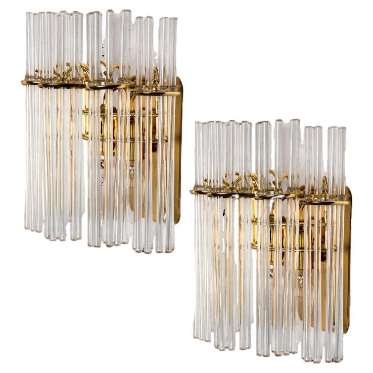 Pair of Gold Rod Glass and Brass Wall Sconces in Style of Sciolari For Sale