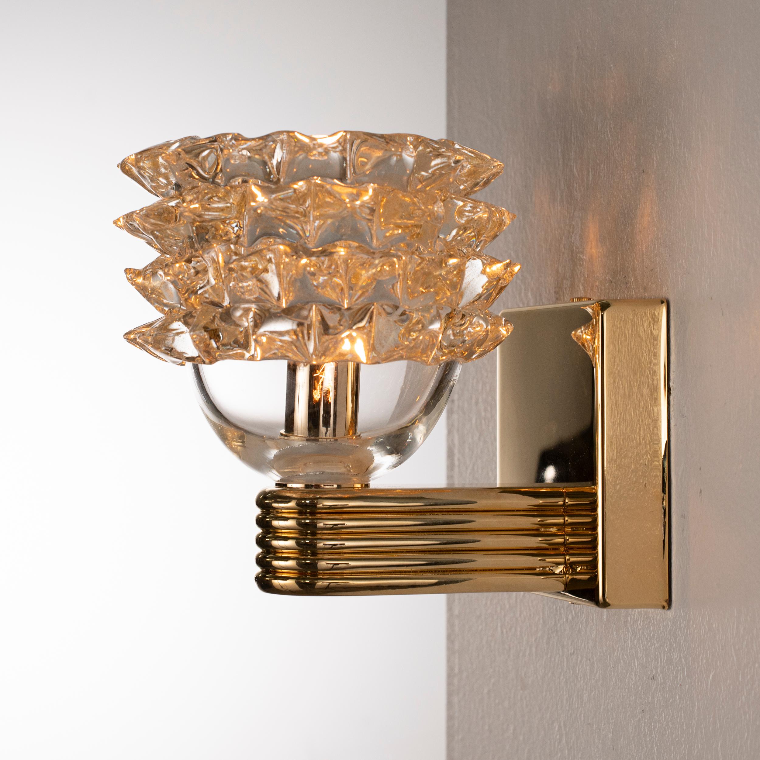 Coppia di Lampade da parete in vetro di Murano Rostrato oro con cornice dorata in stock in vendita 3