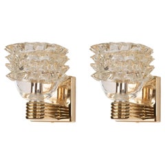 Pair of Gold Rostrato Murano Glass italian Wall Lamps gold Frame in stock