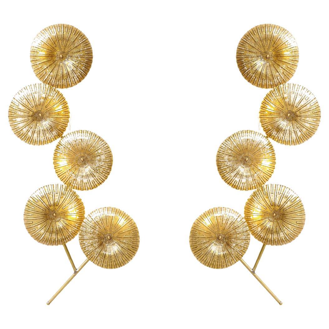 Pair of Gold Shimmer Murano "Flower" Glass and Brass Sconces, Italy, 2021