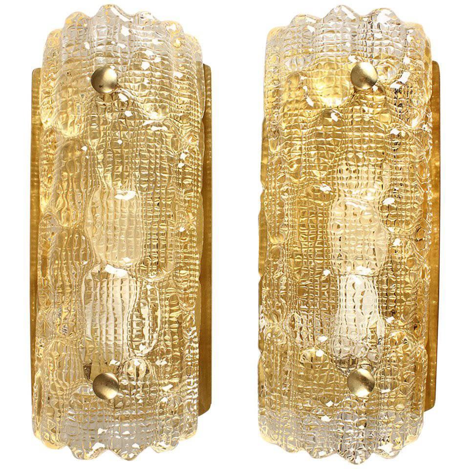 Pair of Gold Textured Glass Wall Sconces by Orrefors For Sale