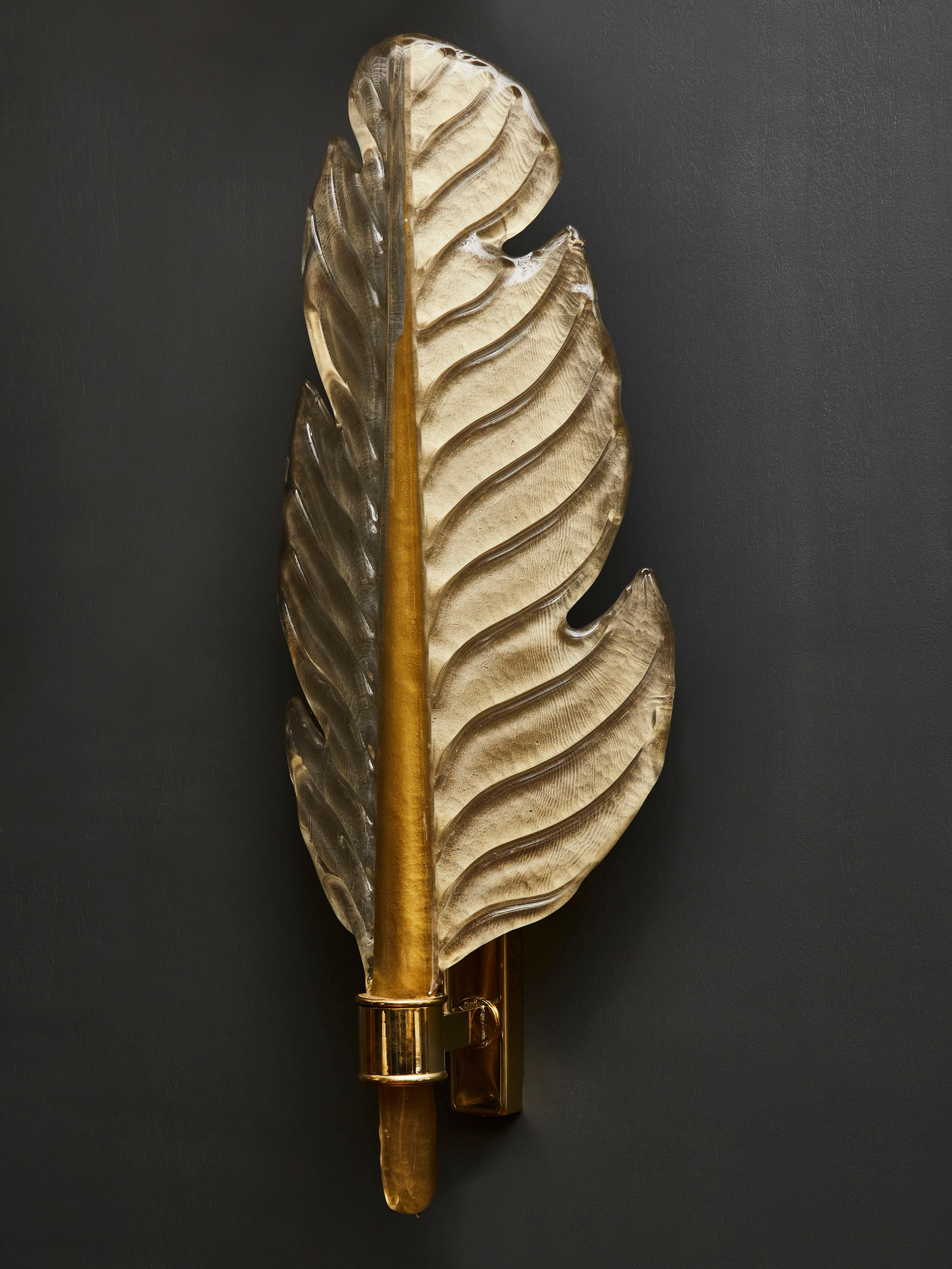 Italian Pair of Gold Tinted Murano Glass Leaves Wall Sconces with Brass Setting For Sale