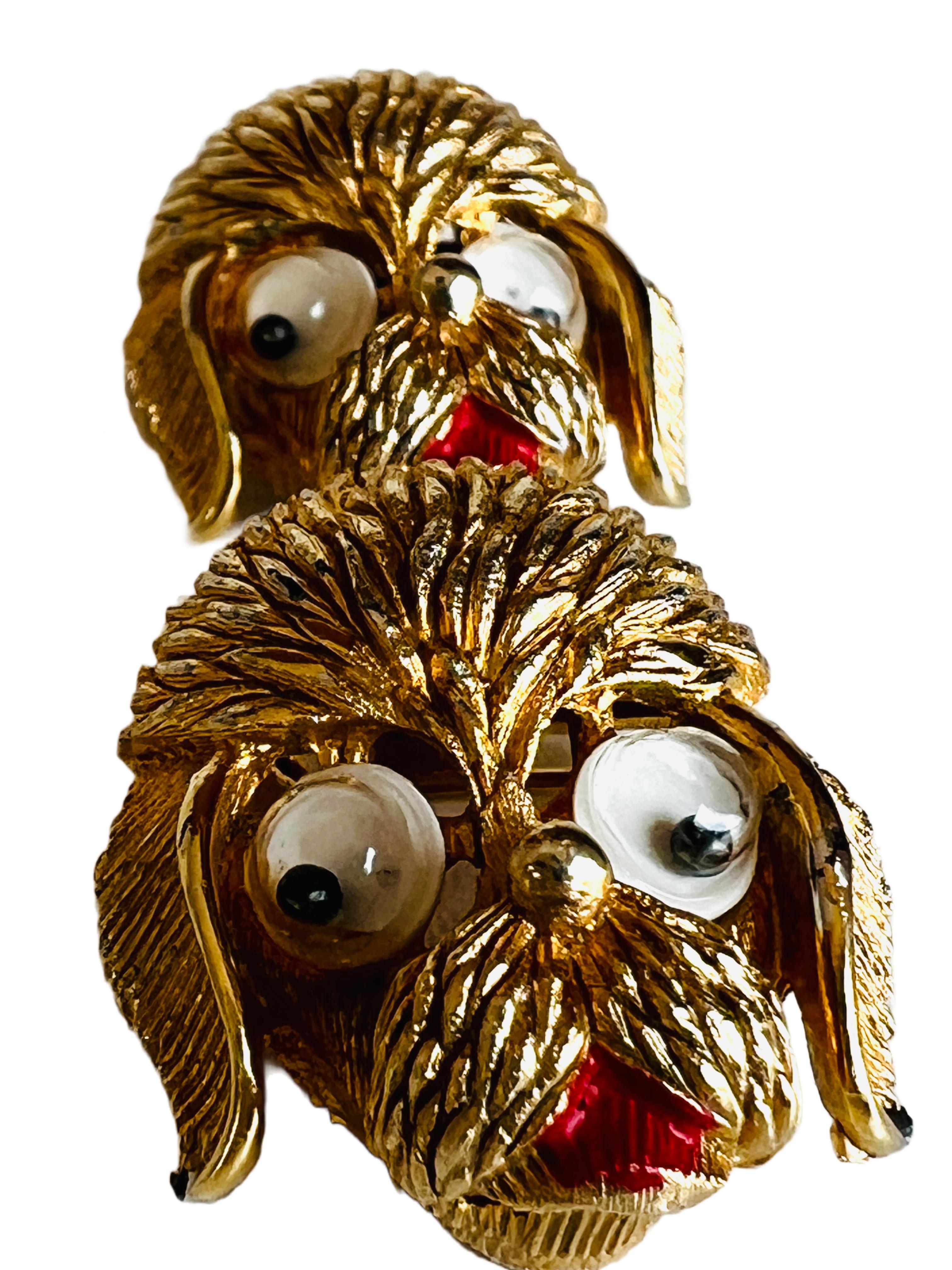 Women's Pair of Gold Tone Googly Moving Eyes Figural Puppy Dog Brooch Pins W/ Red Mouth For Sale