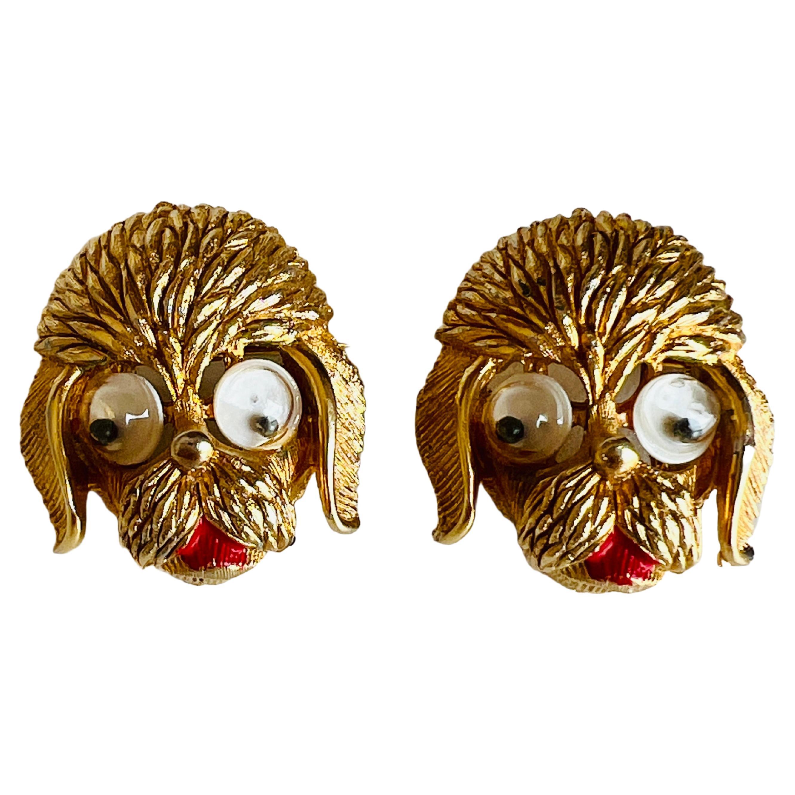 Pair of Gold Tone Googly Moving Eyes Figural Puppy Dog Brooch Pins W/ Red Mouth For Sale