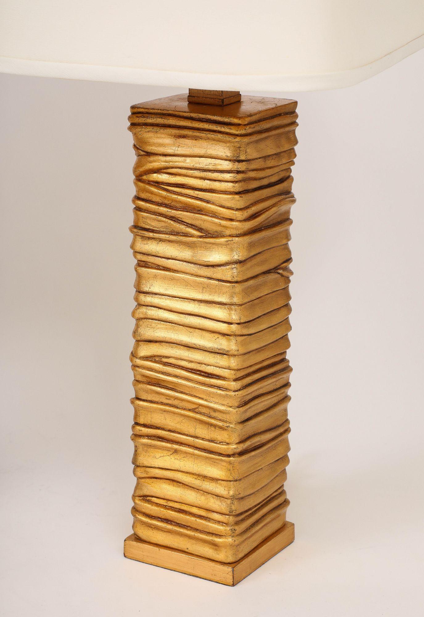 Brossé Pair of Gold Tone Metalic Column Lamps. en vente