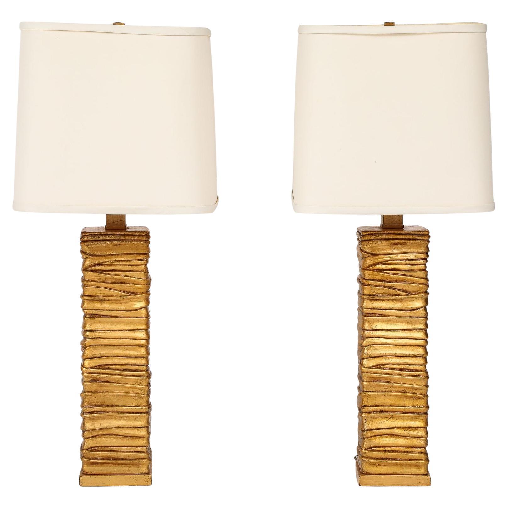 Pair of Gold Tone Metalic Column Lamps.