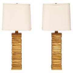 Pair of Gold Tone Metalic Column Lamps.