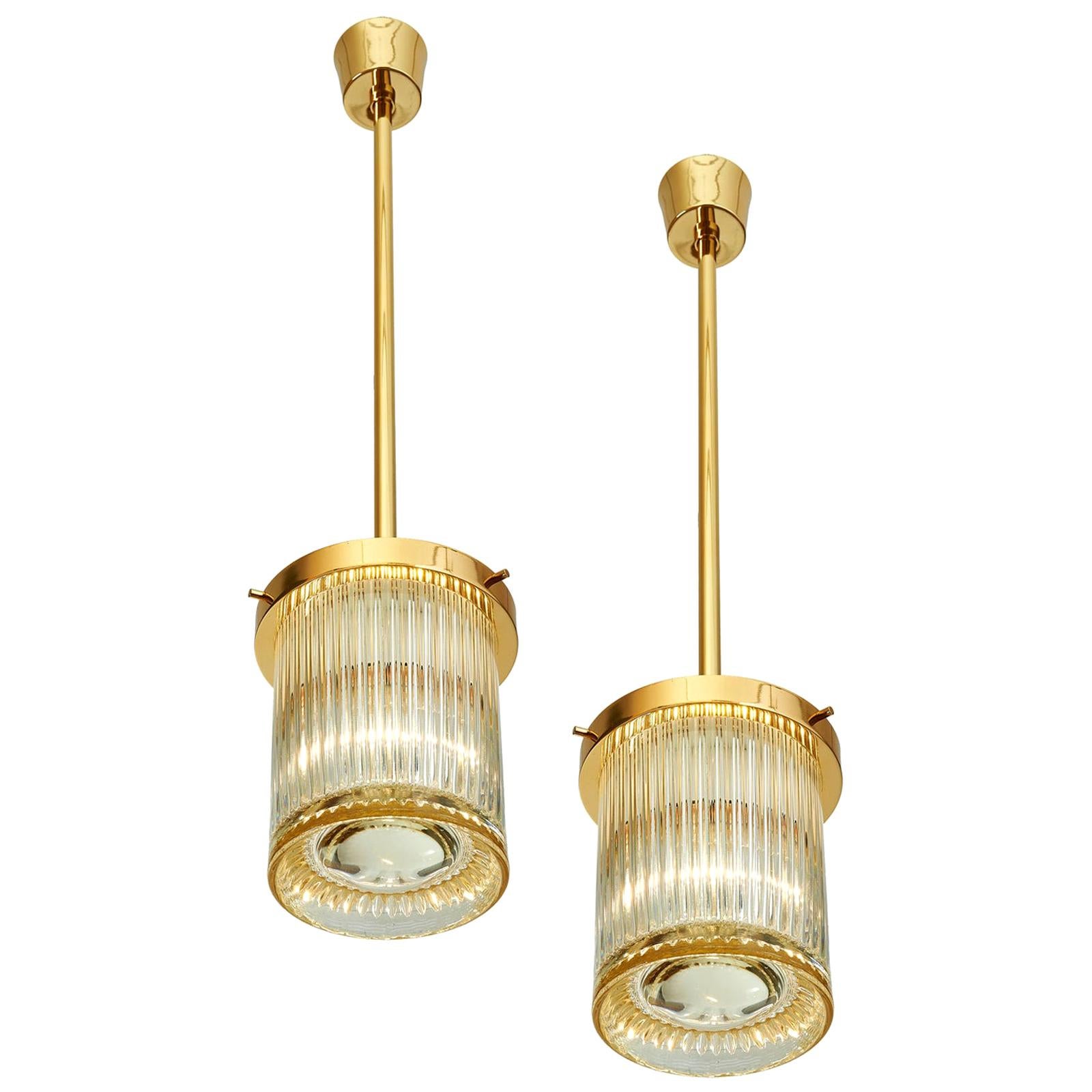 Pair of Gold Toned Ribbed Glass Lanterns