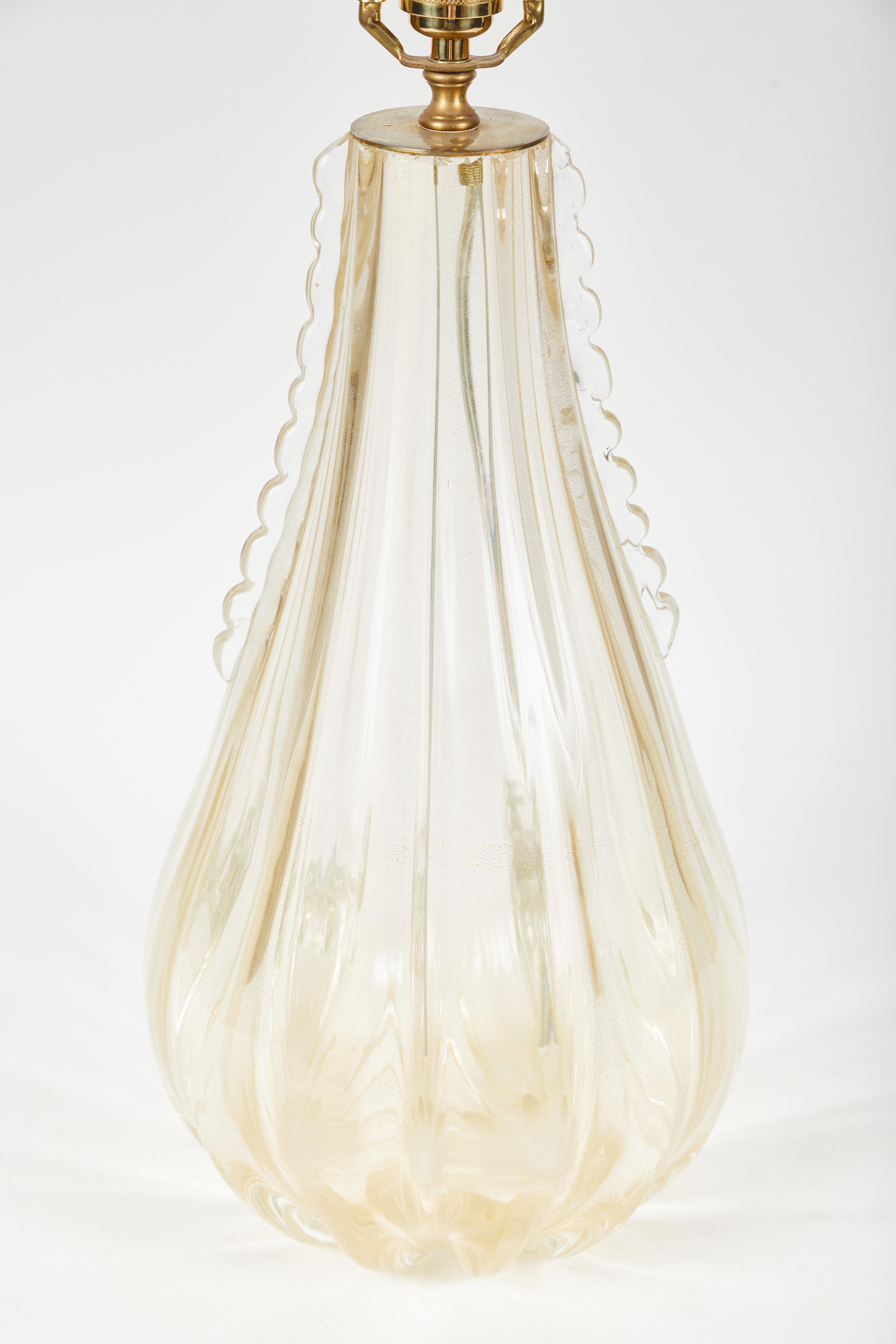 Murano Glass Pair of Gold Venetian Teardrop Lamps with Pongee Silk Shades