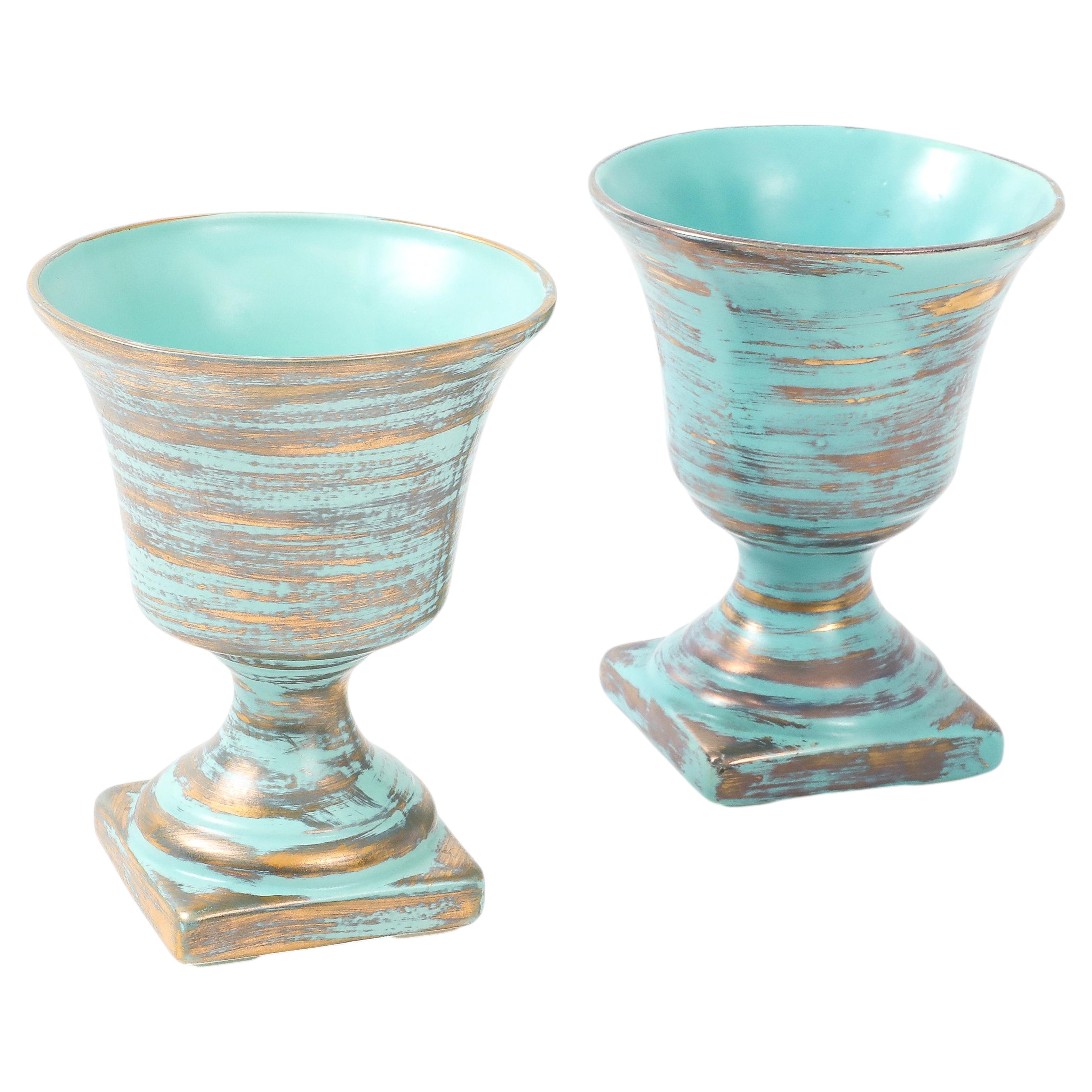 Art Deco Gold Washed Ceramic Cache Pots, Turquoise Glaze, USA, 1930s For Sale