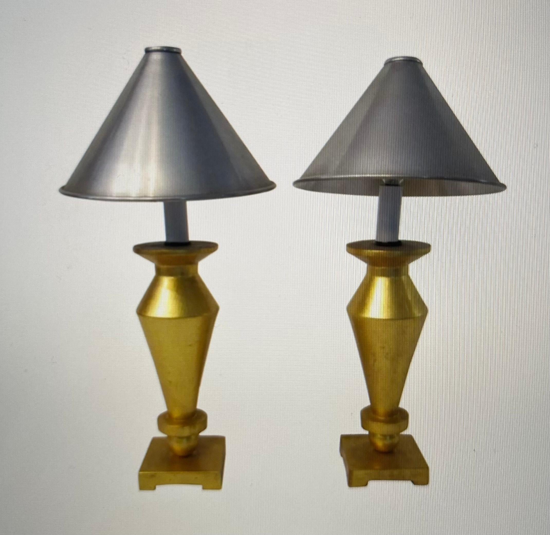 Painted Pair of Gold Wood Lamps with Aluminum Shades For Sale