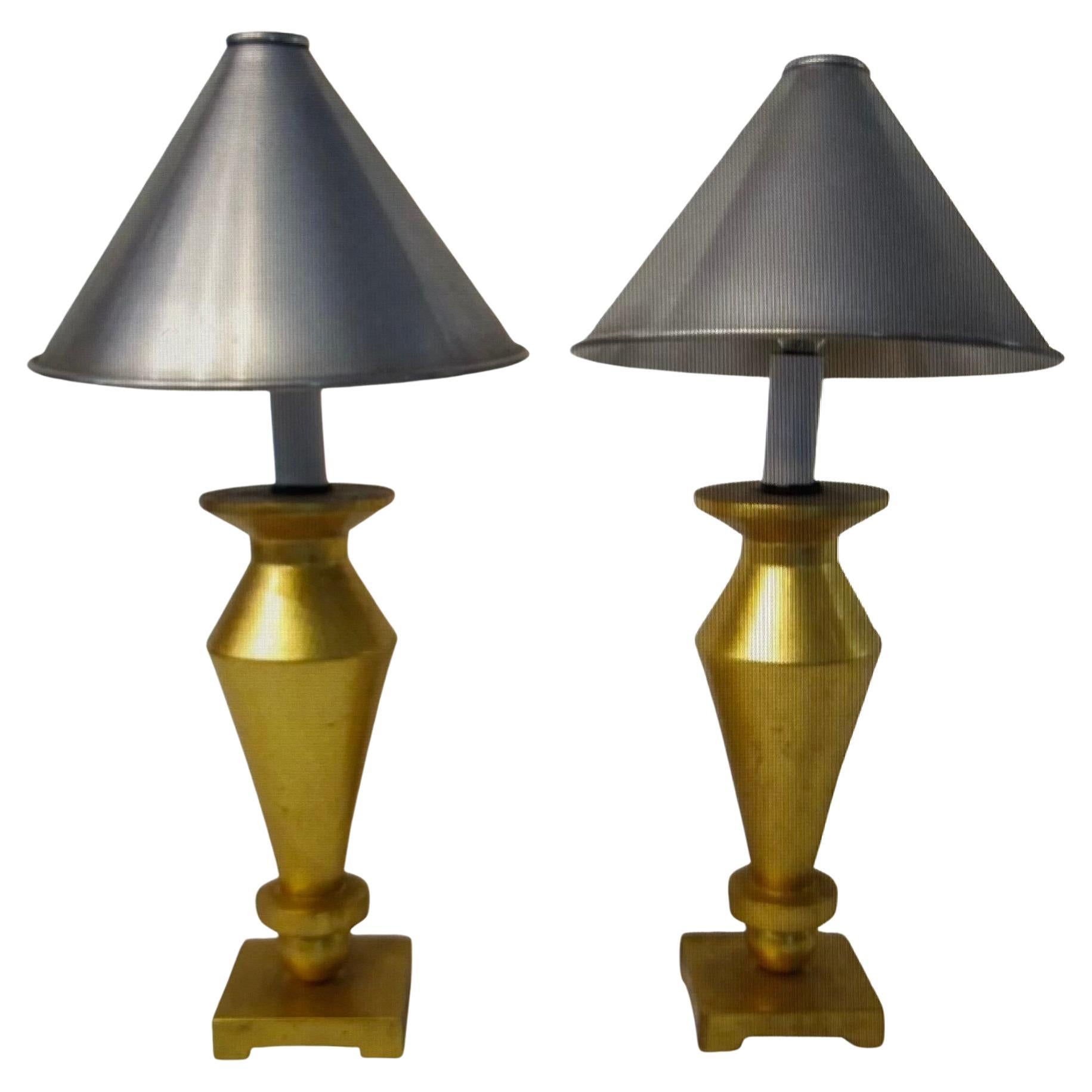 Pair of Gold Wood Lamps with Aluminum Shades For Sale