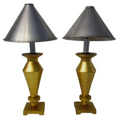 Retro Pair of Gold Wood Lamps with Aluminum Shades