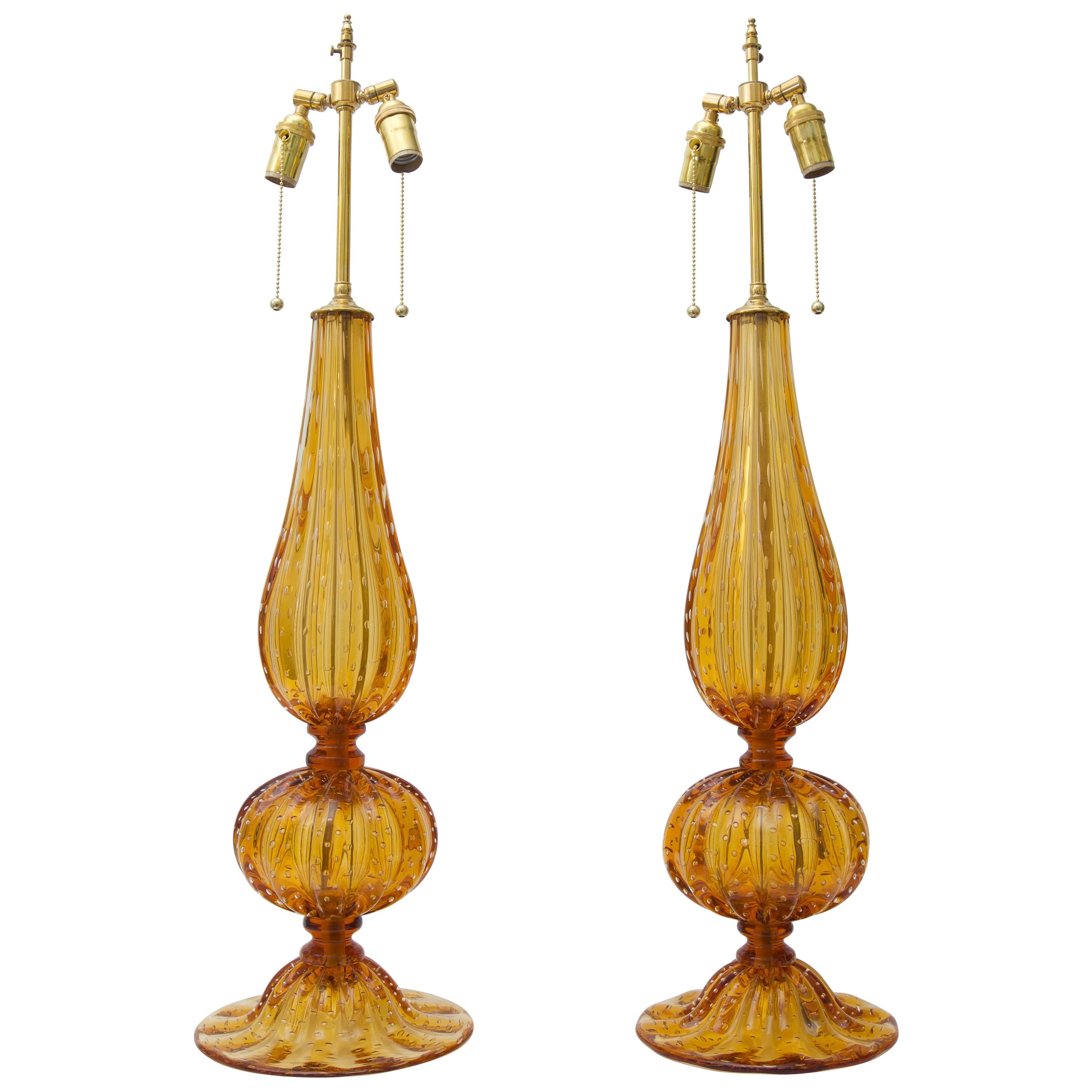 Pair of Golden Amber Colored Murano Glass Table Lamps 