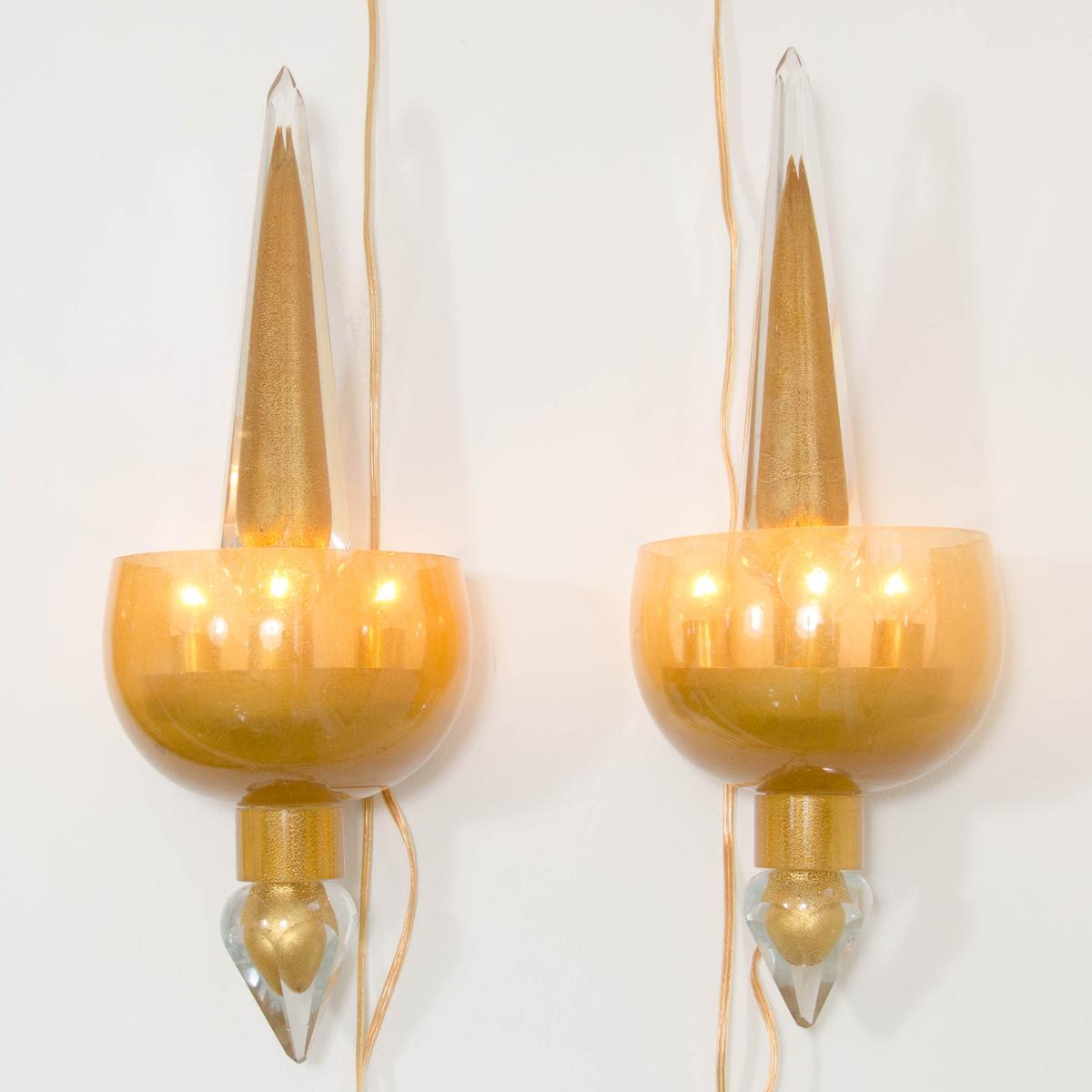 Italian Pair of golden amber glass sconces For Sale